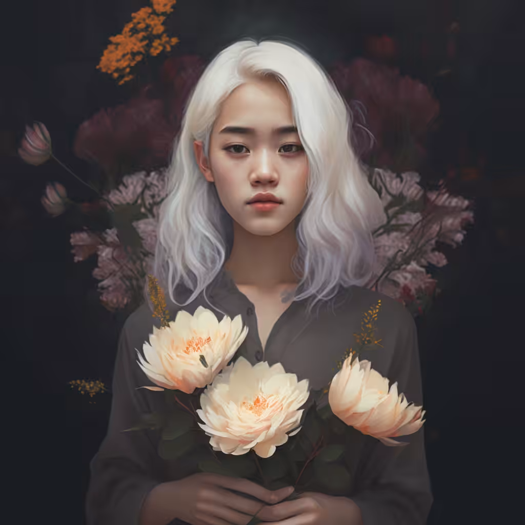  AMAZING BEAUTIFUL 21-YEAR-OLD ASIA GIRL HEARING A FLOWER CREATED BY AI 
