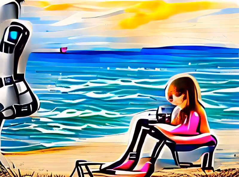 Abraham's First Works: she sits by the sea with her robot arm