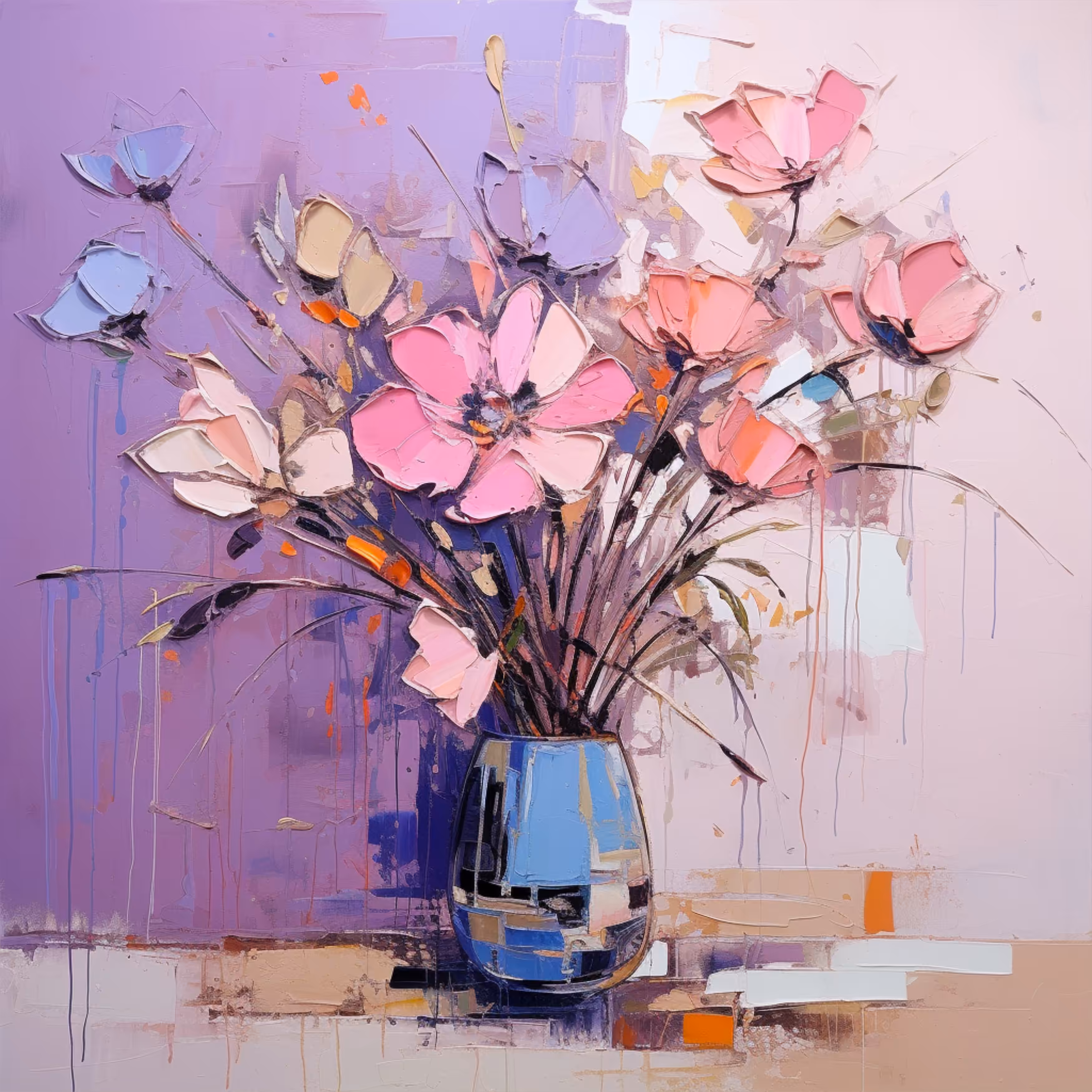 Blue vase. Pink flowers