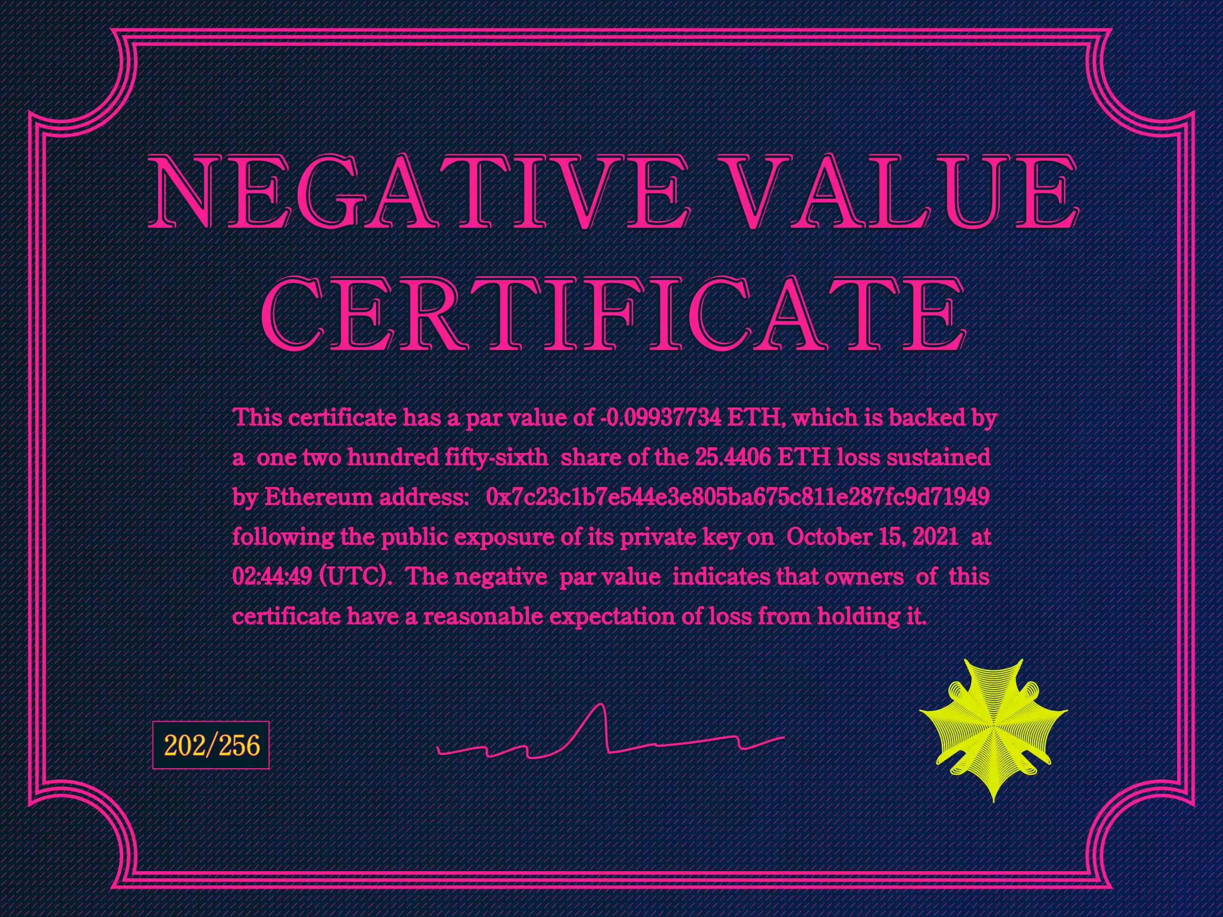 Negative Value Certificate #202 of 256