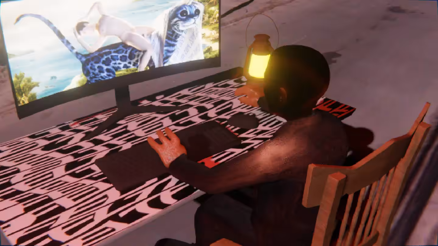 Desktop #41: The Business in the French Wood Chair With a Gas Lamp and a Kitty Monitor on a Pattern Table in Conflict