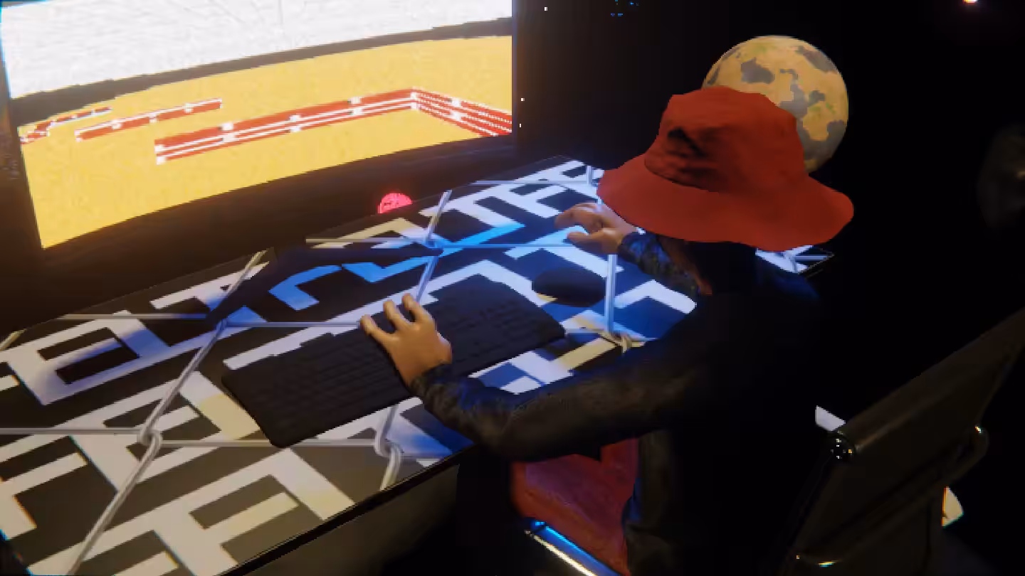 Desktop #261: The Hypebeast in the Black Slim Chair With a Drone and a Maze Monitor on a Barbed Wire Table in Space