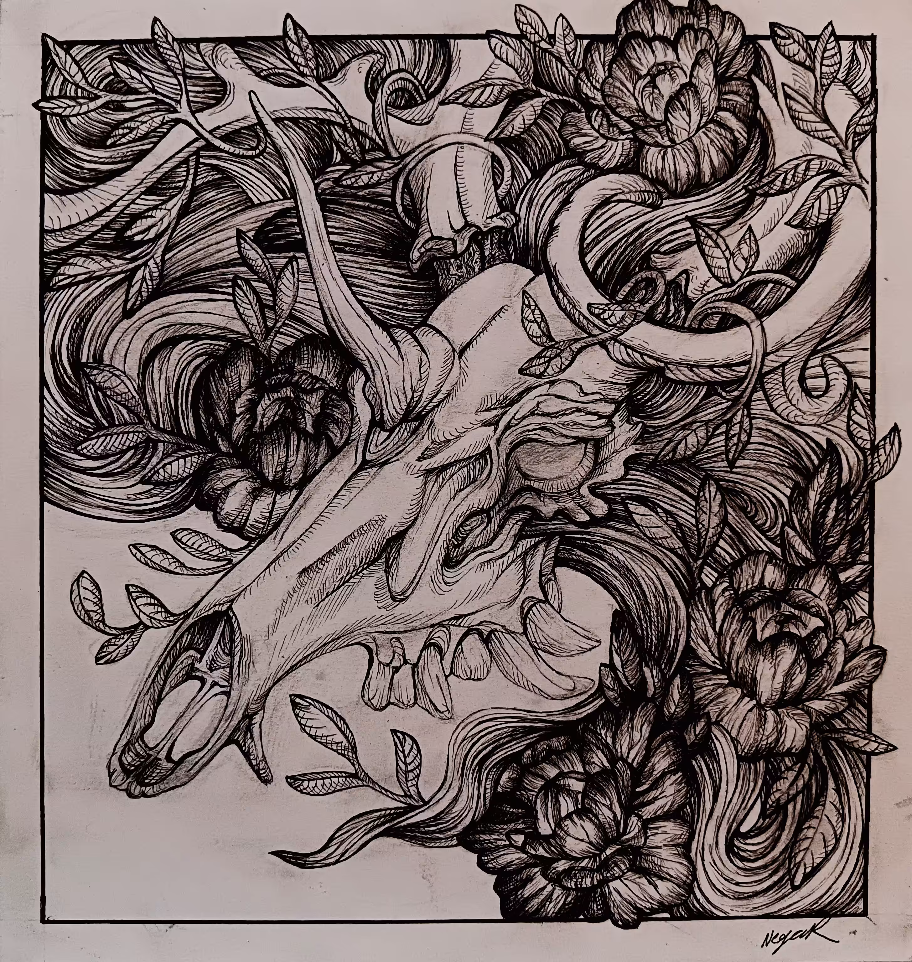 magical stag skull among peonies 