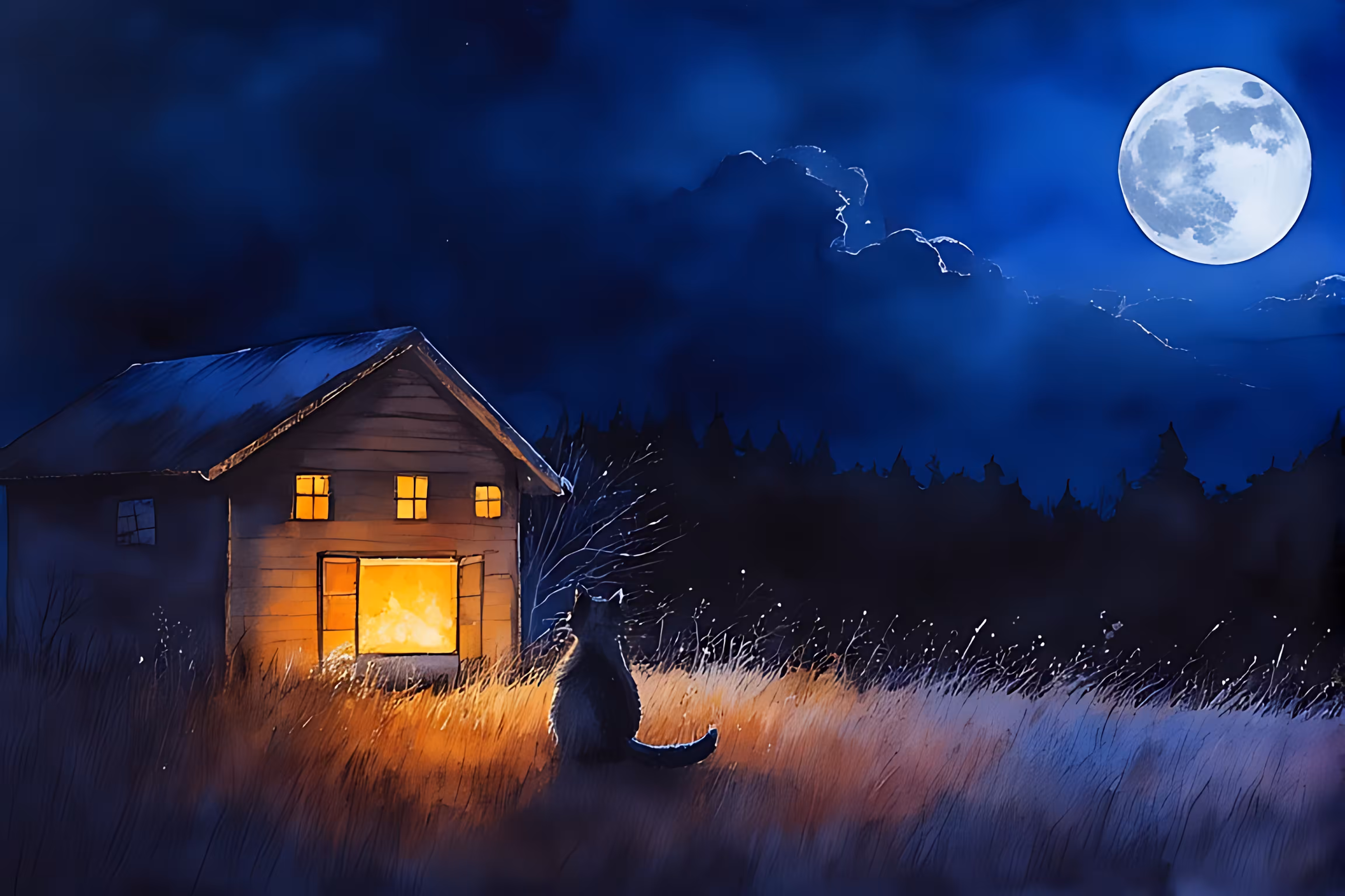 Moonlit Cabin & Cat
