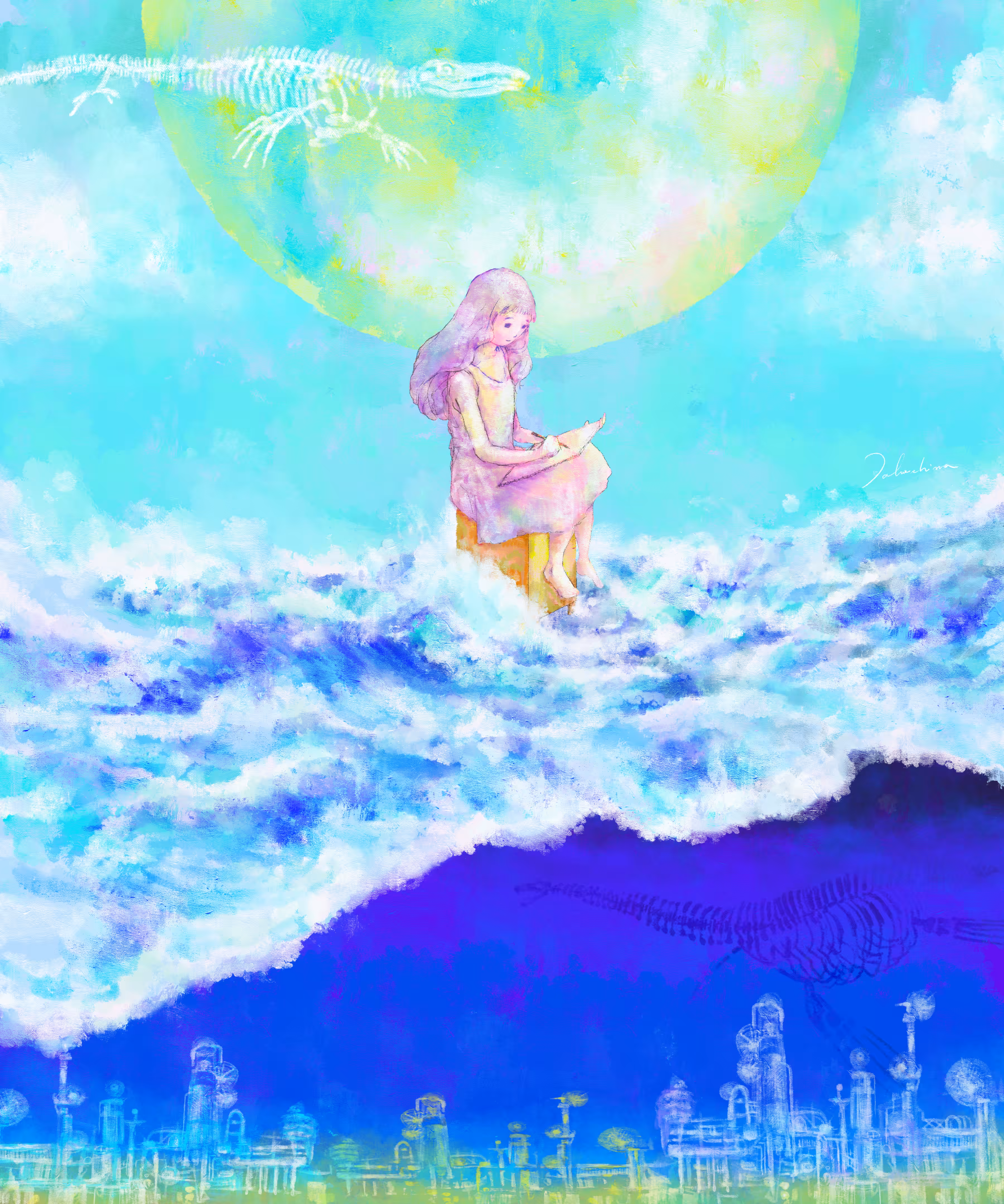 A girl who continues to paint in rough seas