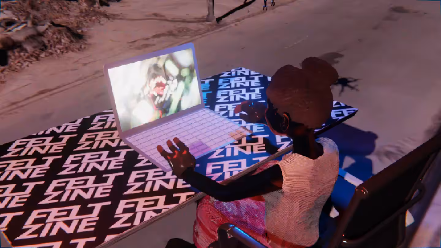 Desktop #54: The Military Brat in the Black Slim Chair With a Drone and a Algo Lite Macbook on a Felt Zine Table in Conflict