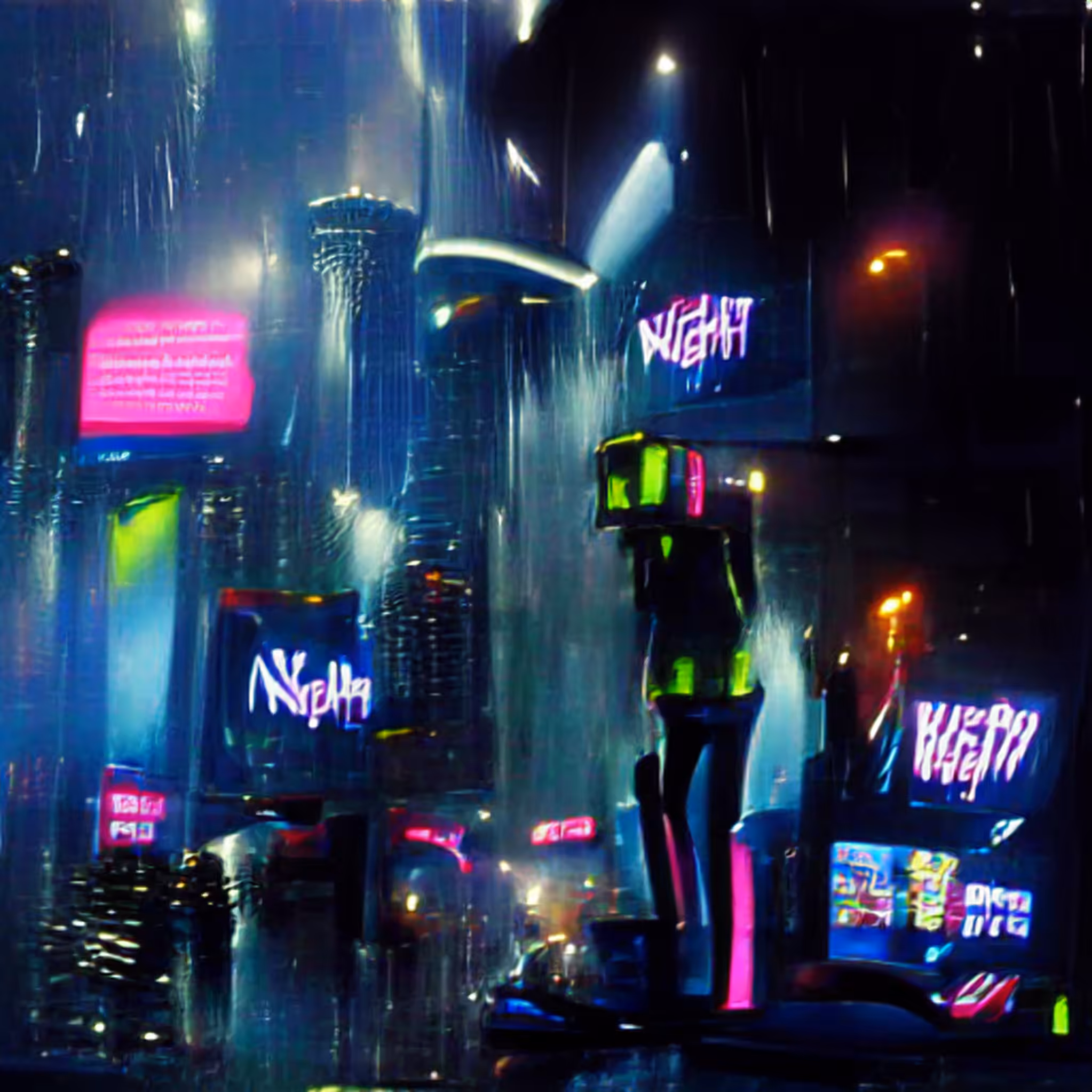 Rainy neon night in a cyberpunk city.