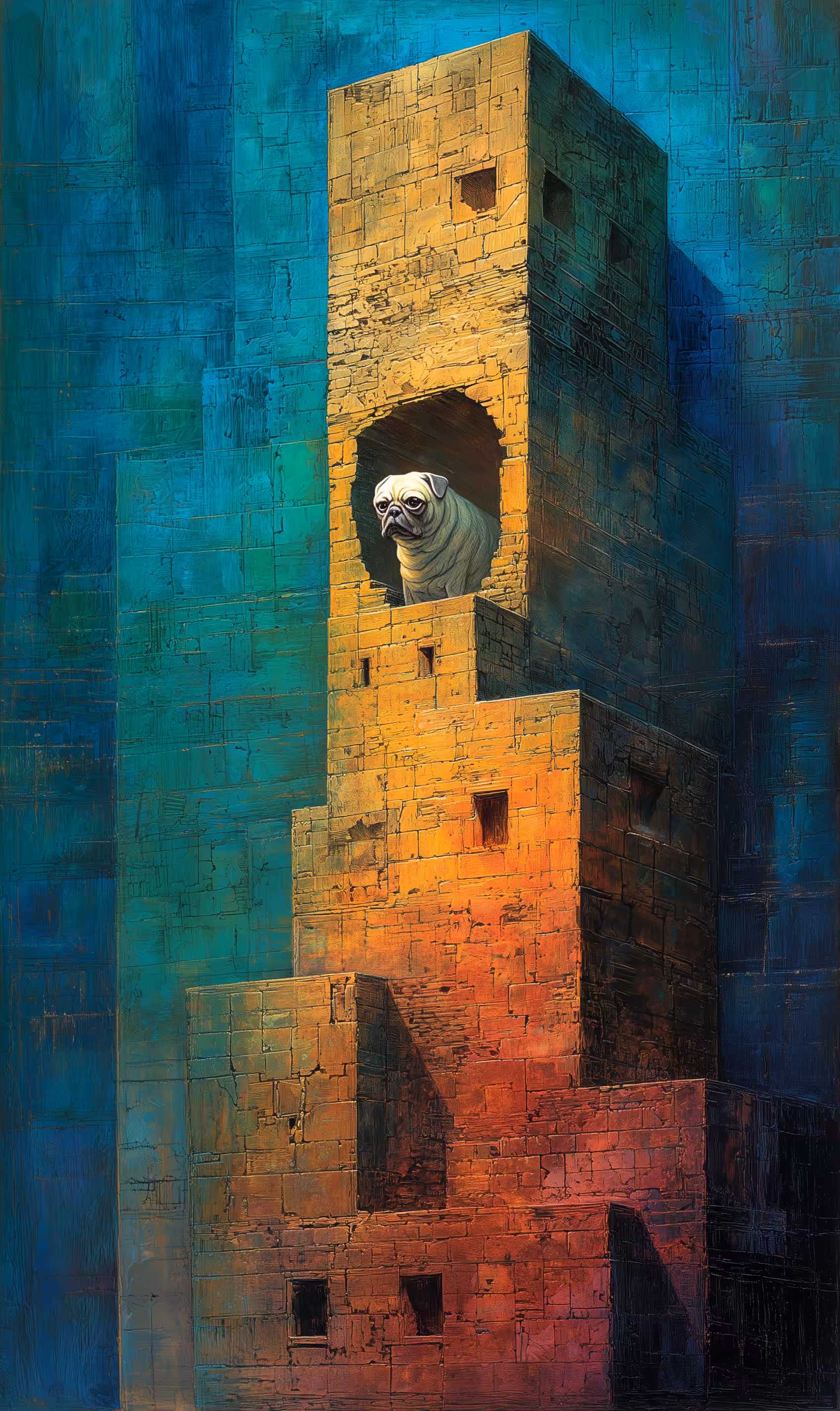 A Pug in a tower