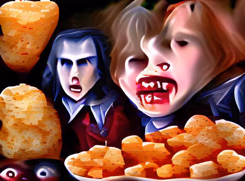 The vampire scares the two tater tot detectives Hyperrealism