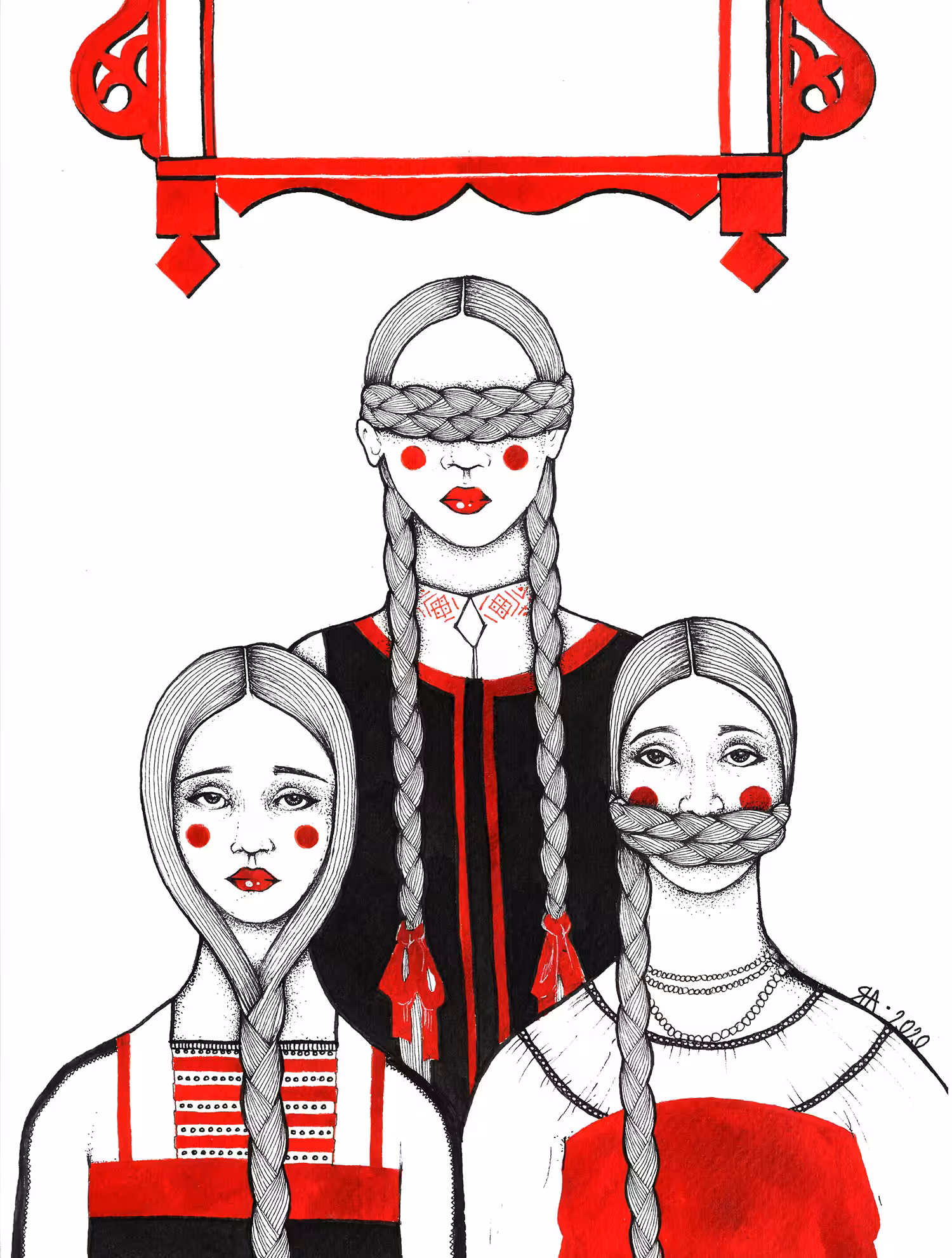 Three girls under the window.