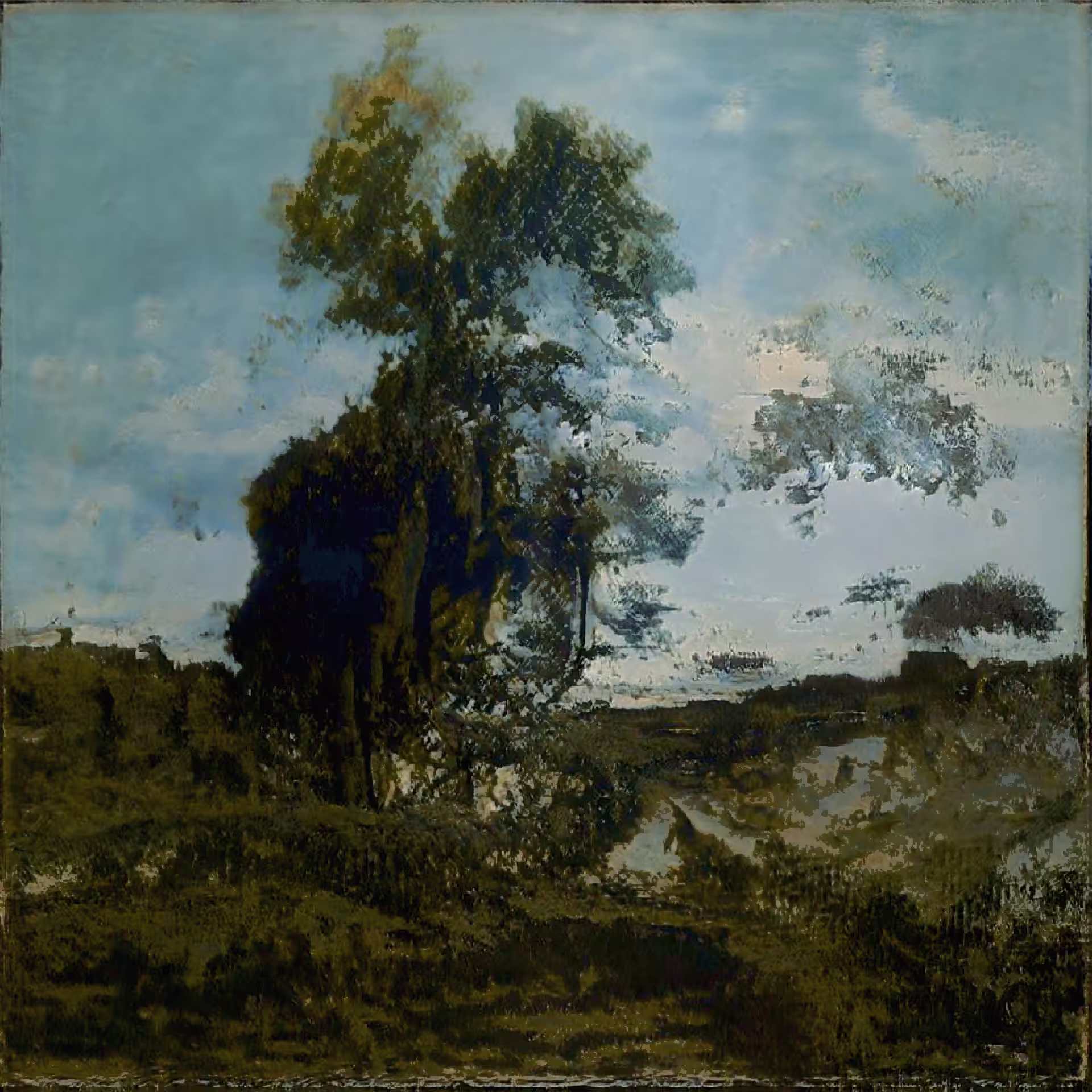 p(AI)saj-e: A big green tree is about there is swim by a large rock covered hillside