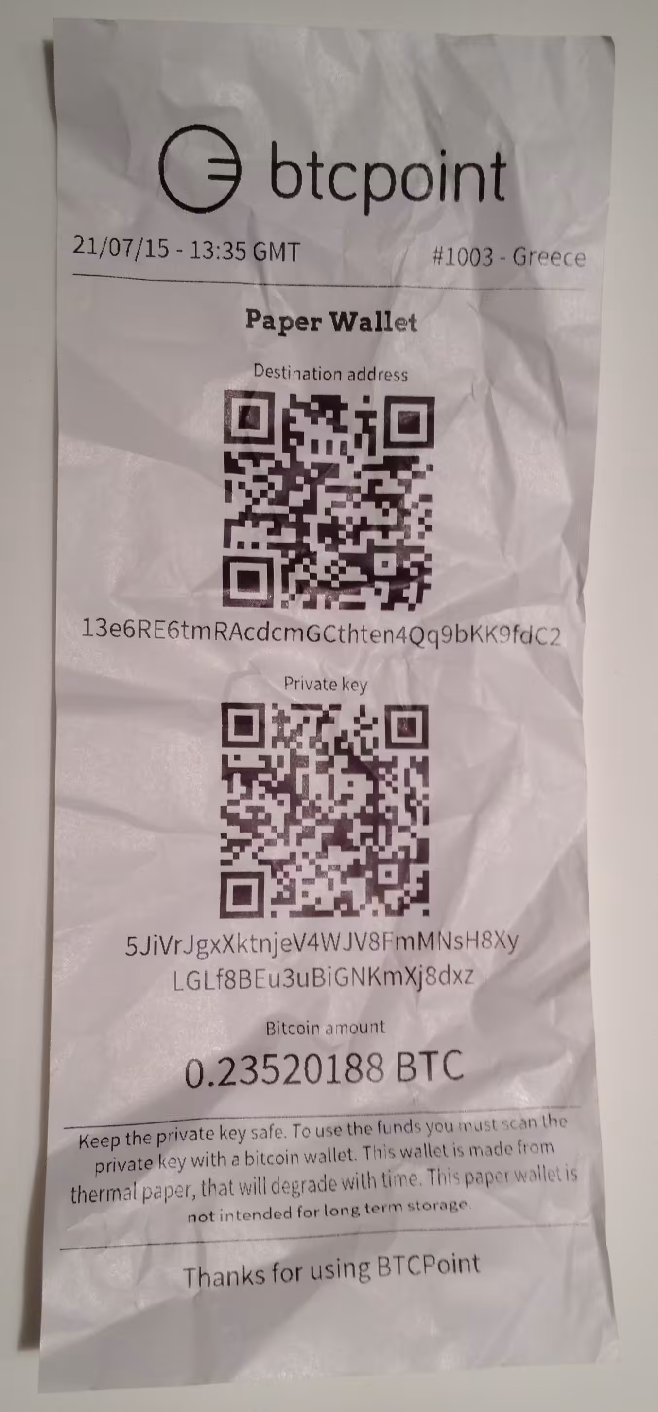 Crypto memorabilia: Bitcoin ATM receipt from 2015