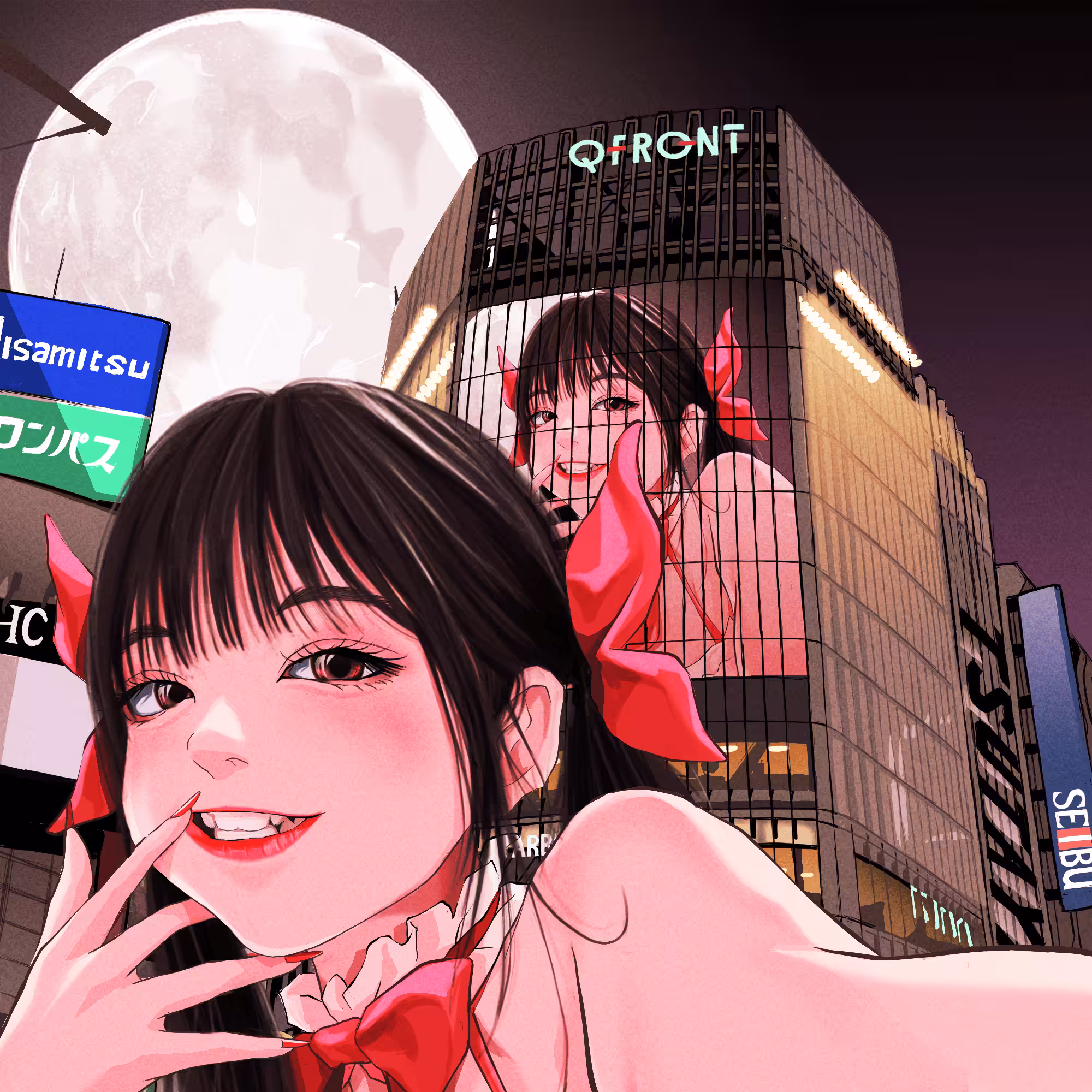 A bewitching girl taking a selfie with the moon