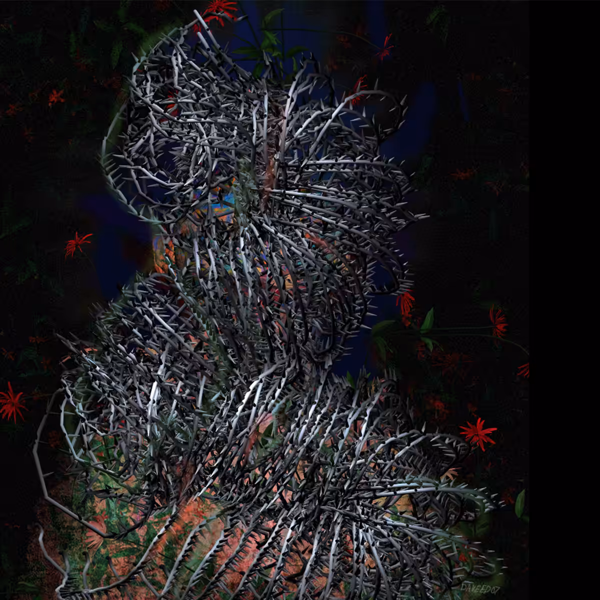 Self portrait with barb wire and red flowers