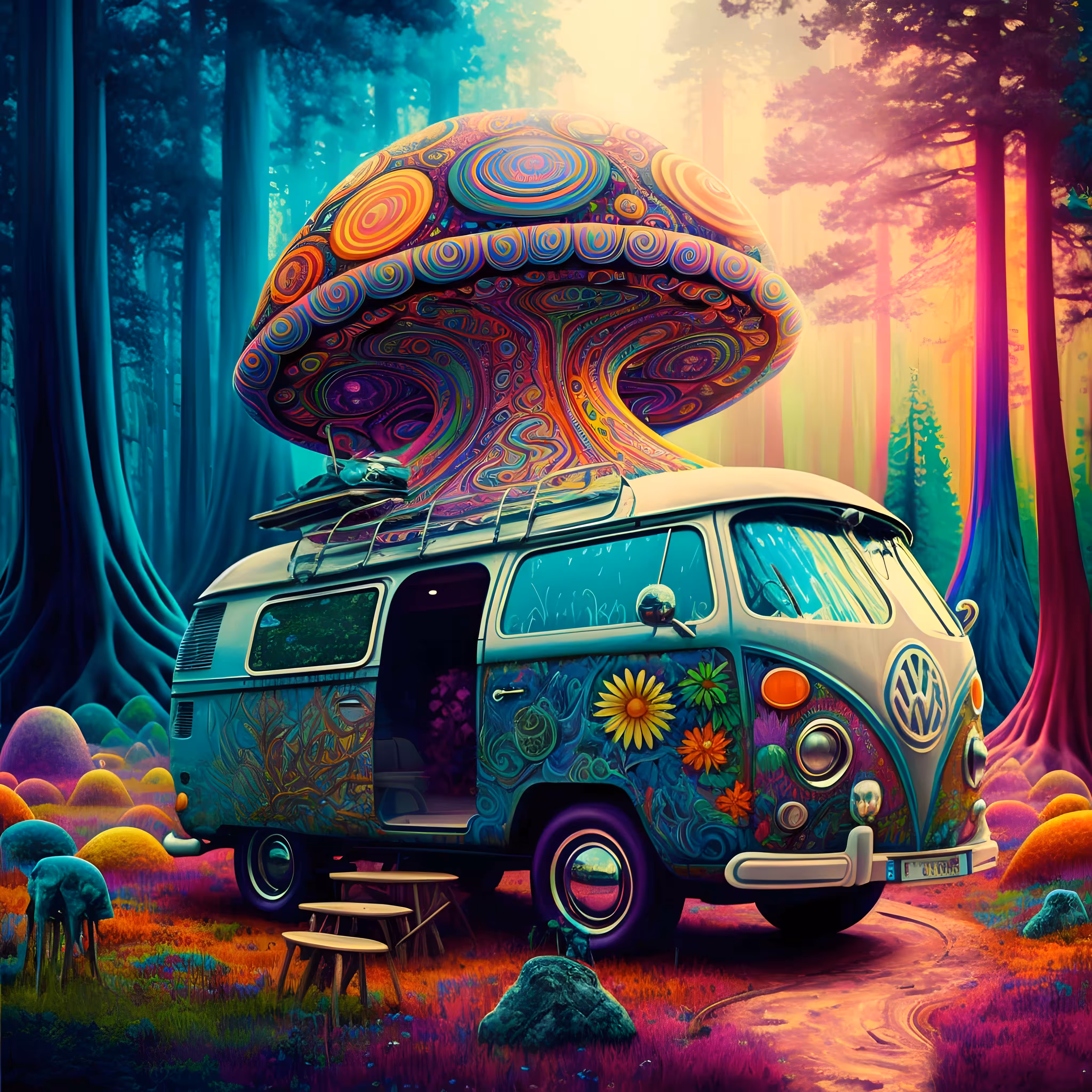 MAGIC BUS: Fall, Forest Meadow at Sunrise
