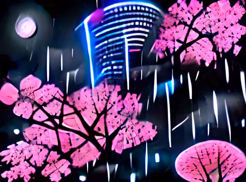 hanami tokyo moonlight raining neon lights