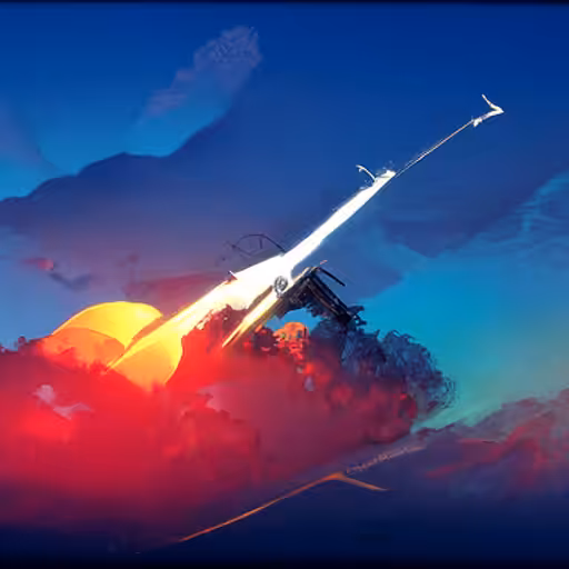 Rocket ship escaping gravity in front of the sunset