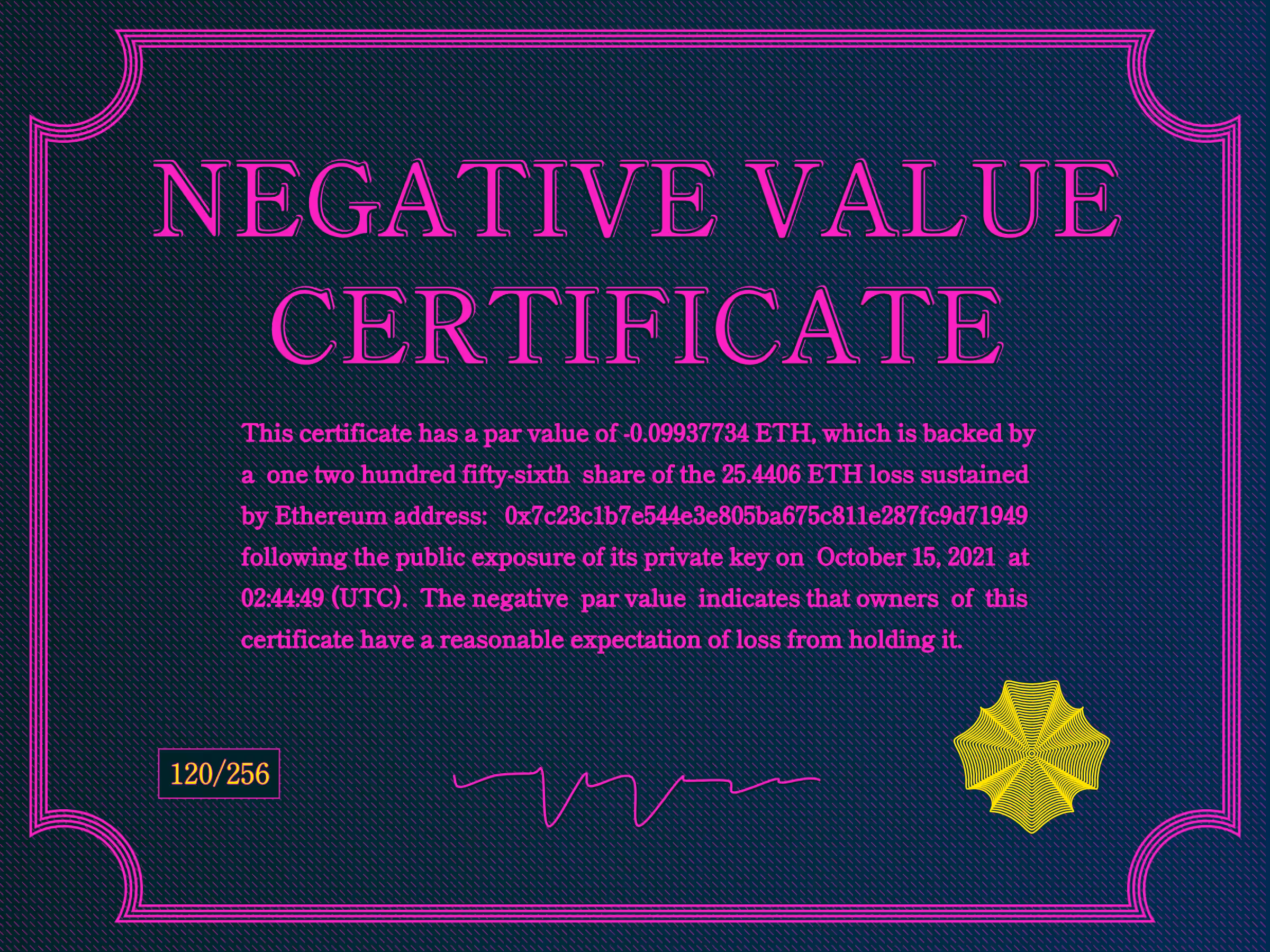 Negative Value Certificate #120 of 256
