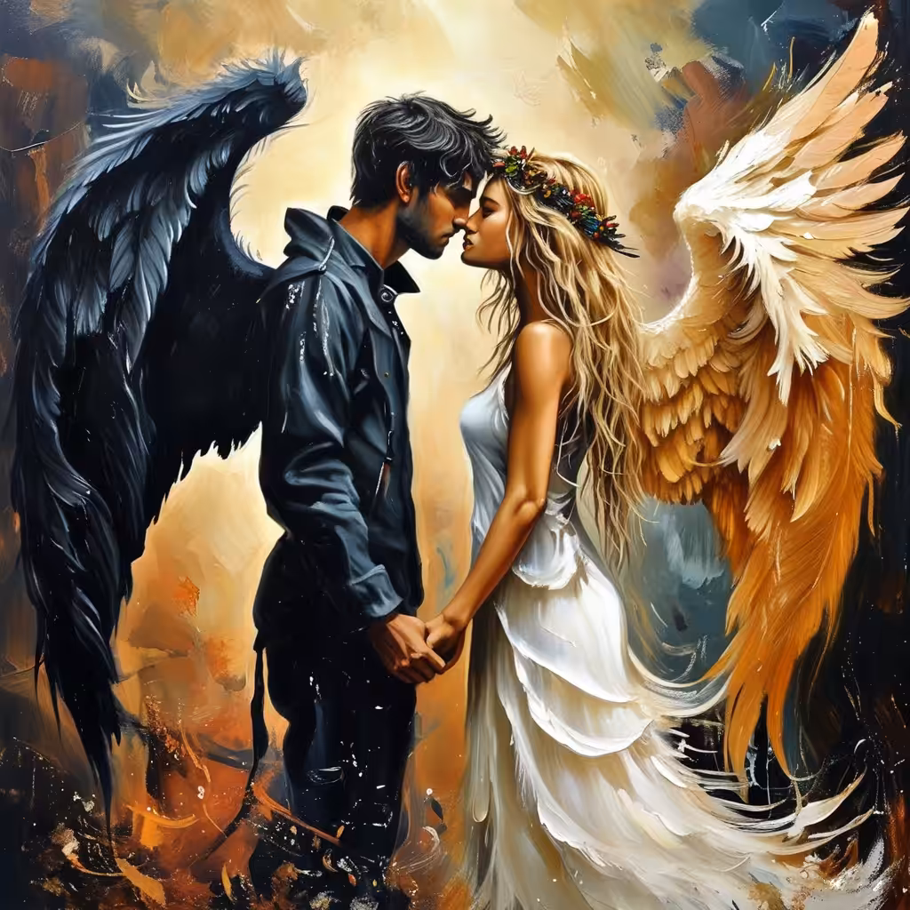 angel & demon art , digital art ,Ai, Ai art, girl, angel, demon, dream, girl, flowers, magic, surreal, love, animals , pixel art