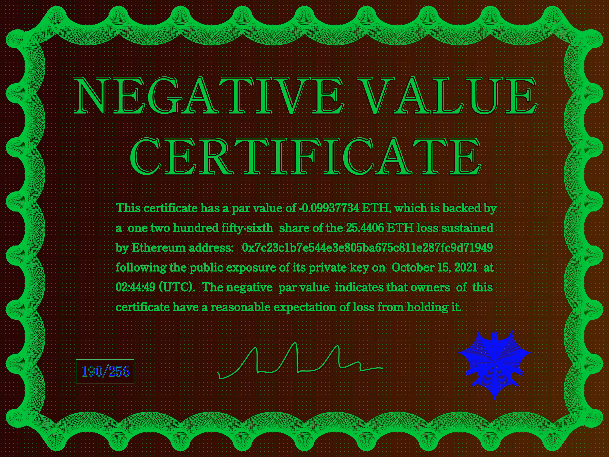 Negative Value Certificate #190 of 256