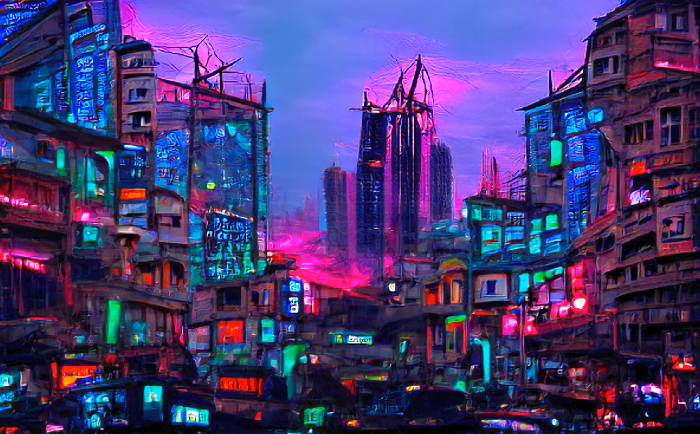 Purple Evening in neon urban slums