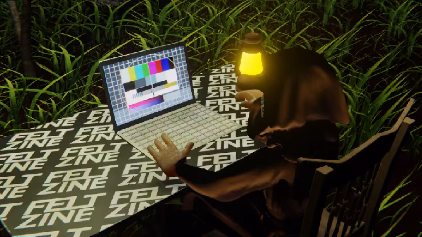 Desktop #138: The Guru in the French Wood Chair With a Gas Lamp and a Please Stand By Monitor on a Felt Zine Table in The Forest