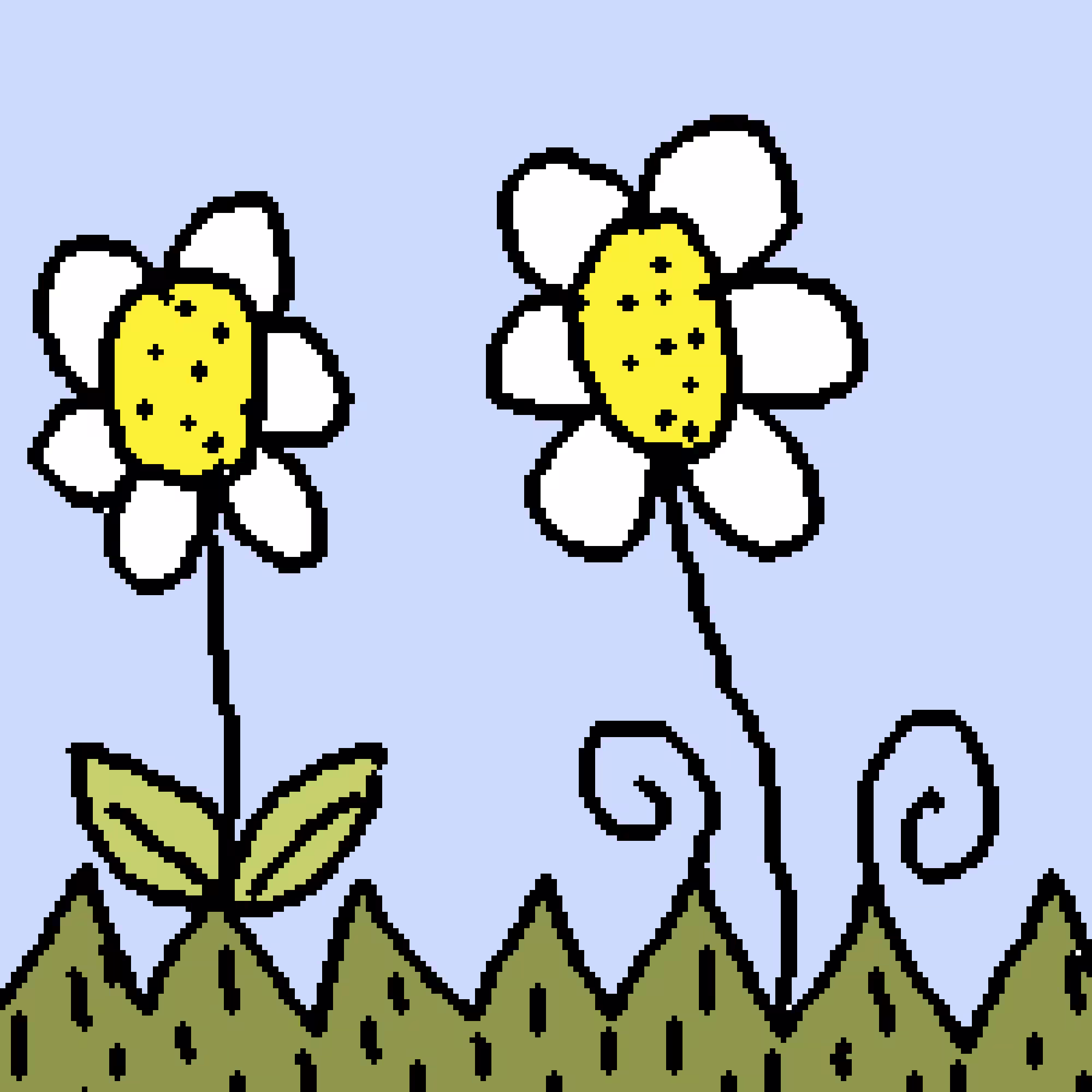 Blades of grass among the flowers