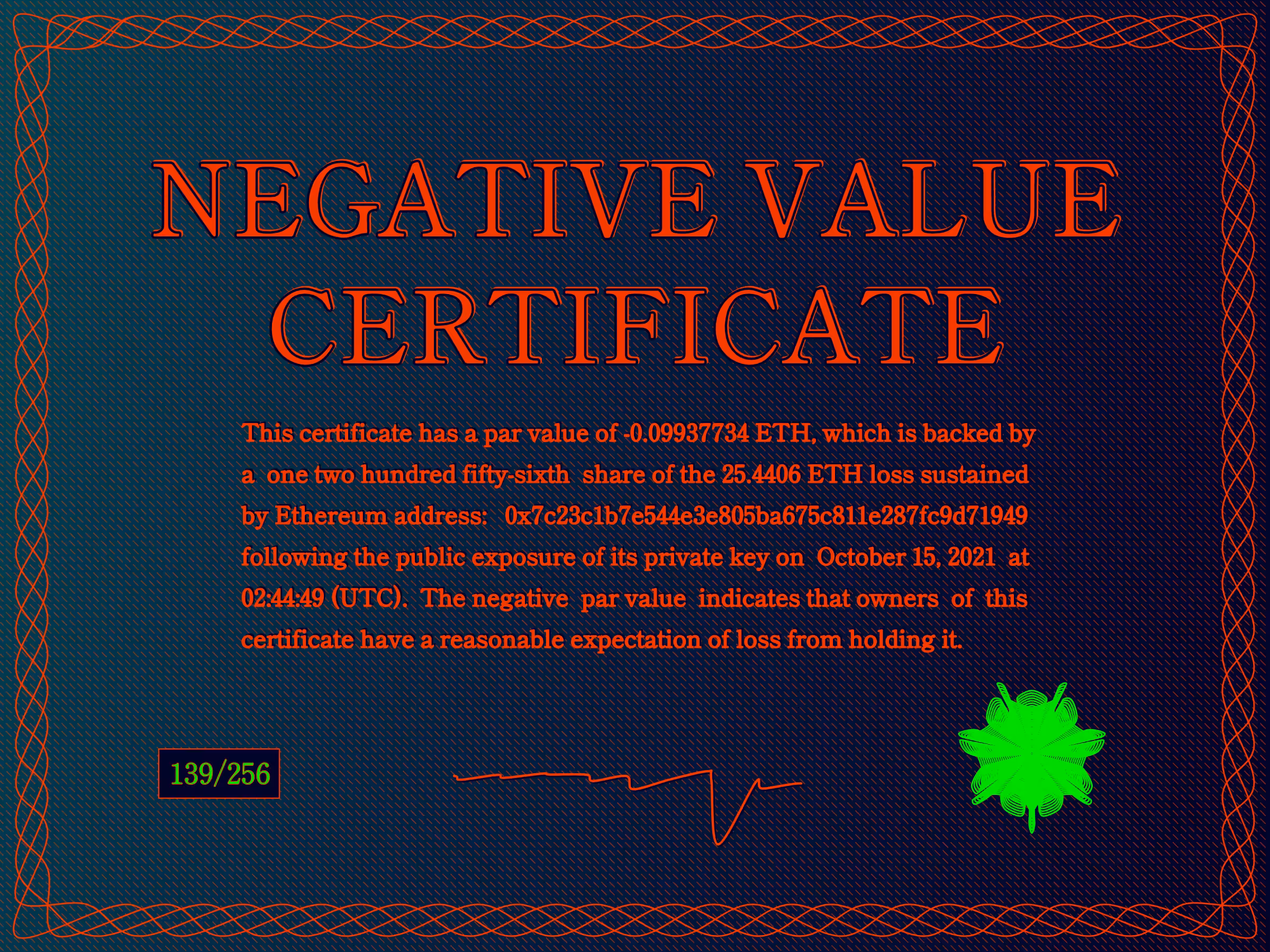 Negative Value Certificate #139 of 256