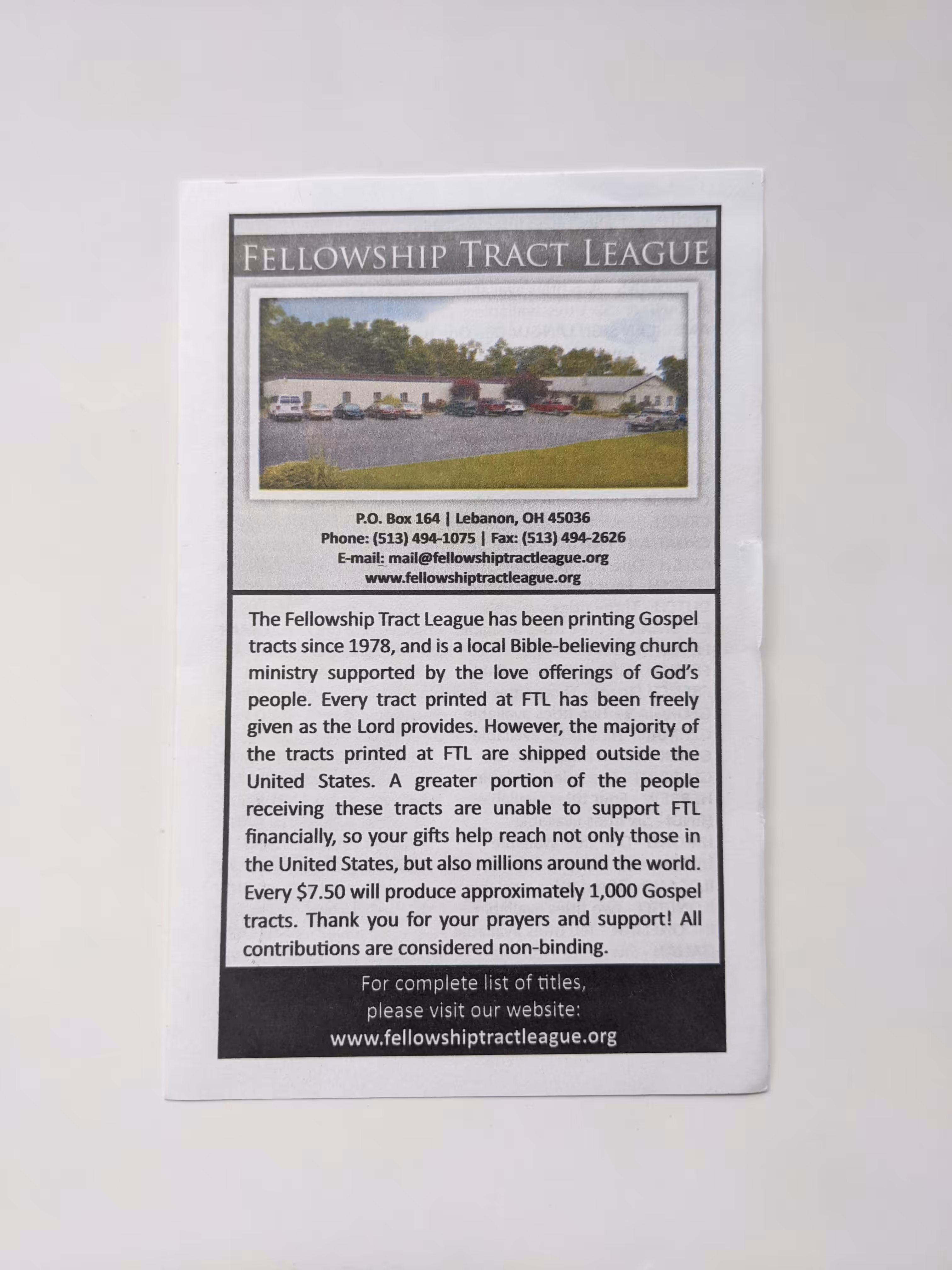 Fellowship Tract League Order Form