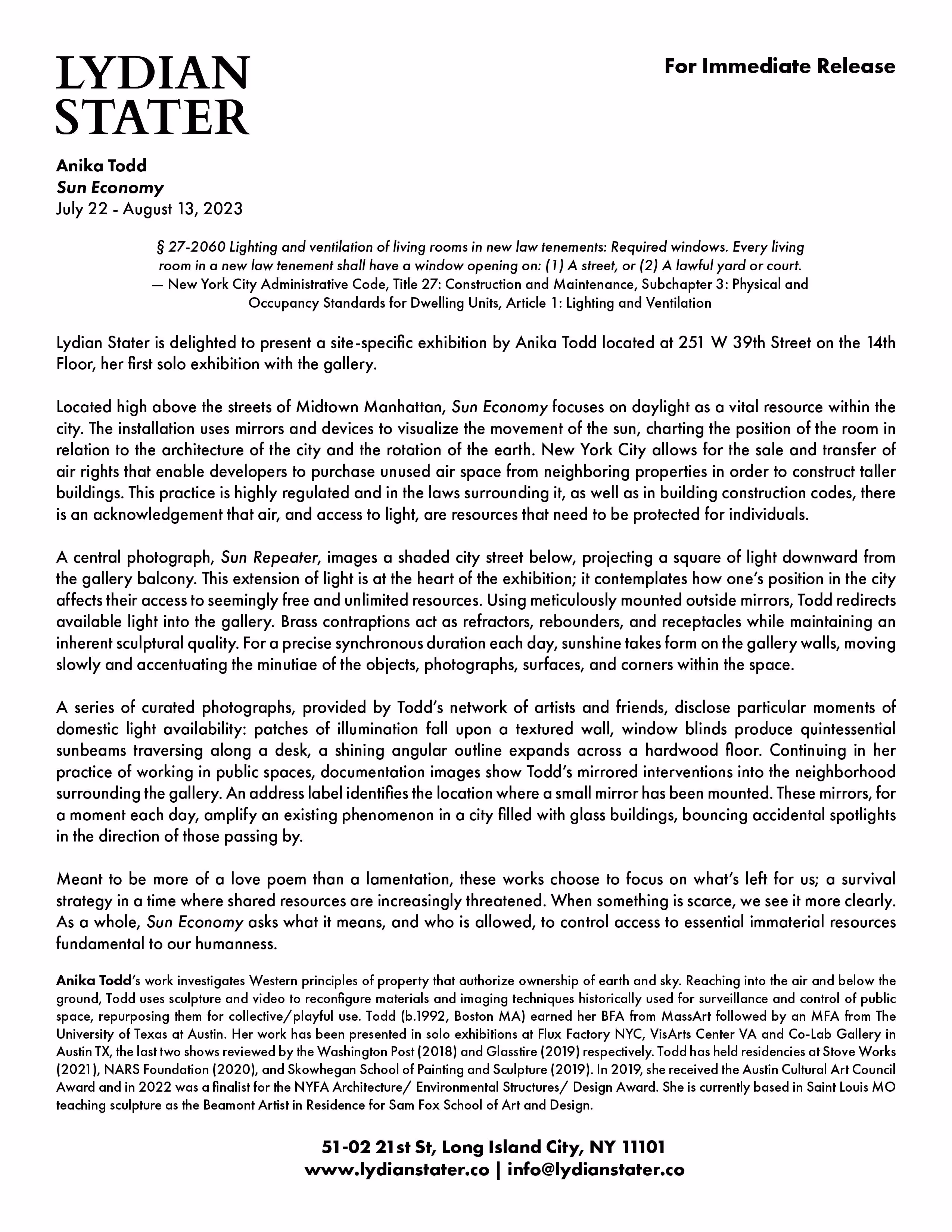Anika Todd: Sun Economy | Press Release