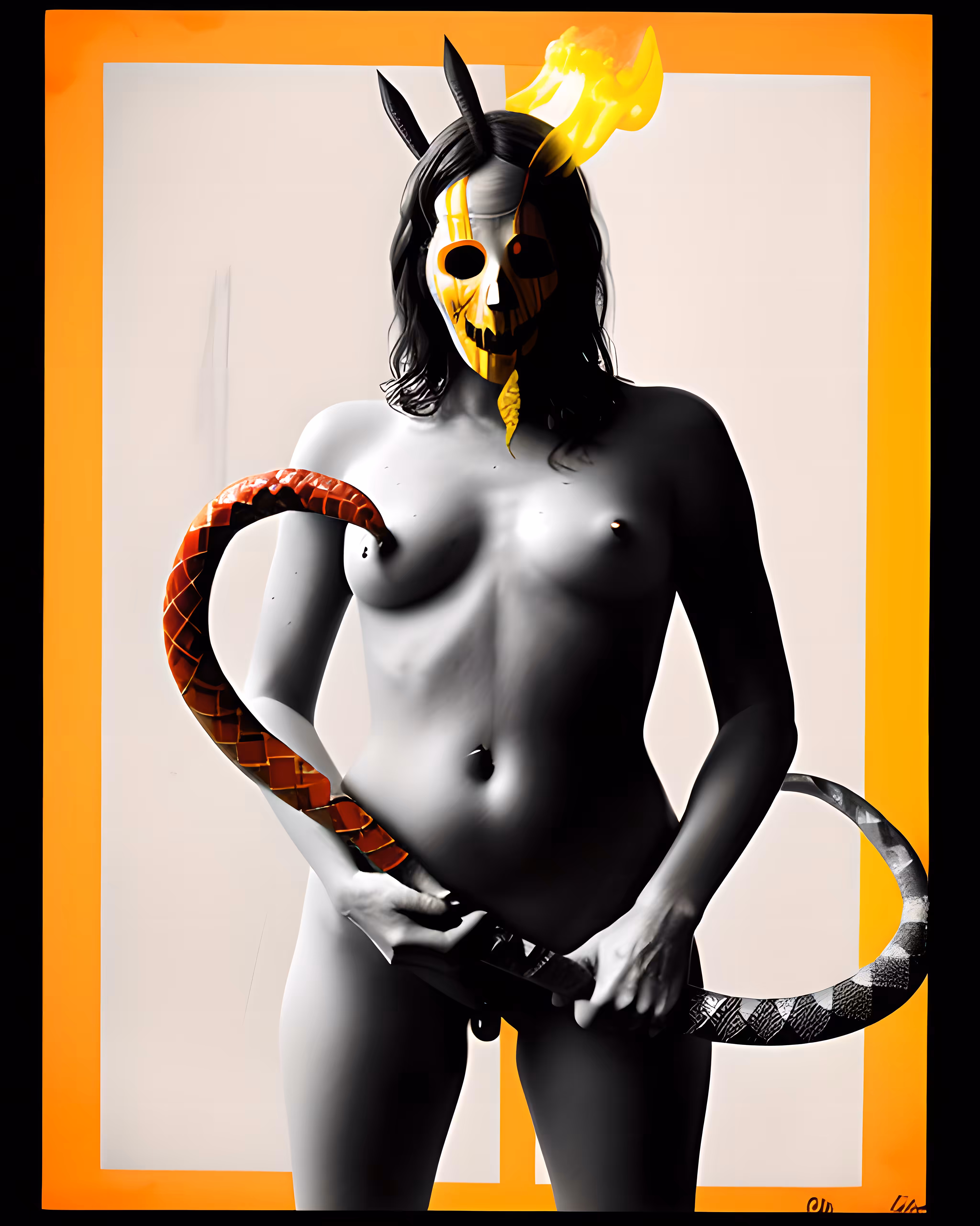 Nude Warrior with mask & snake