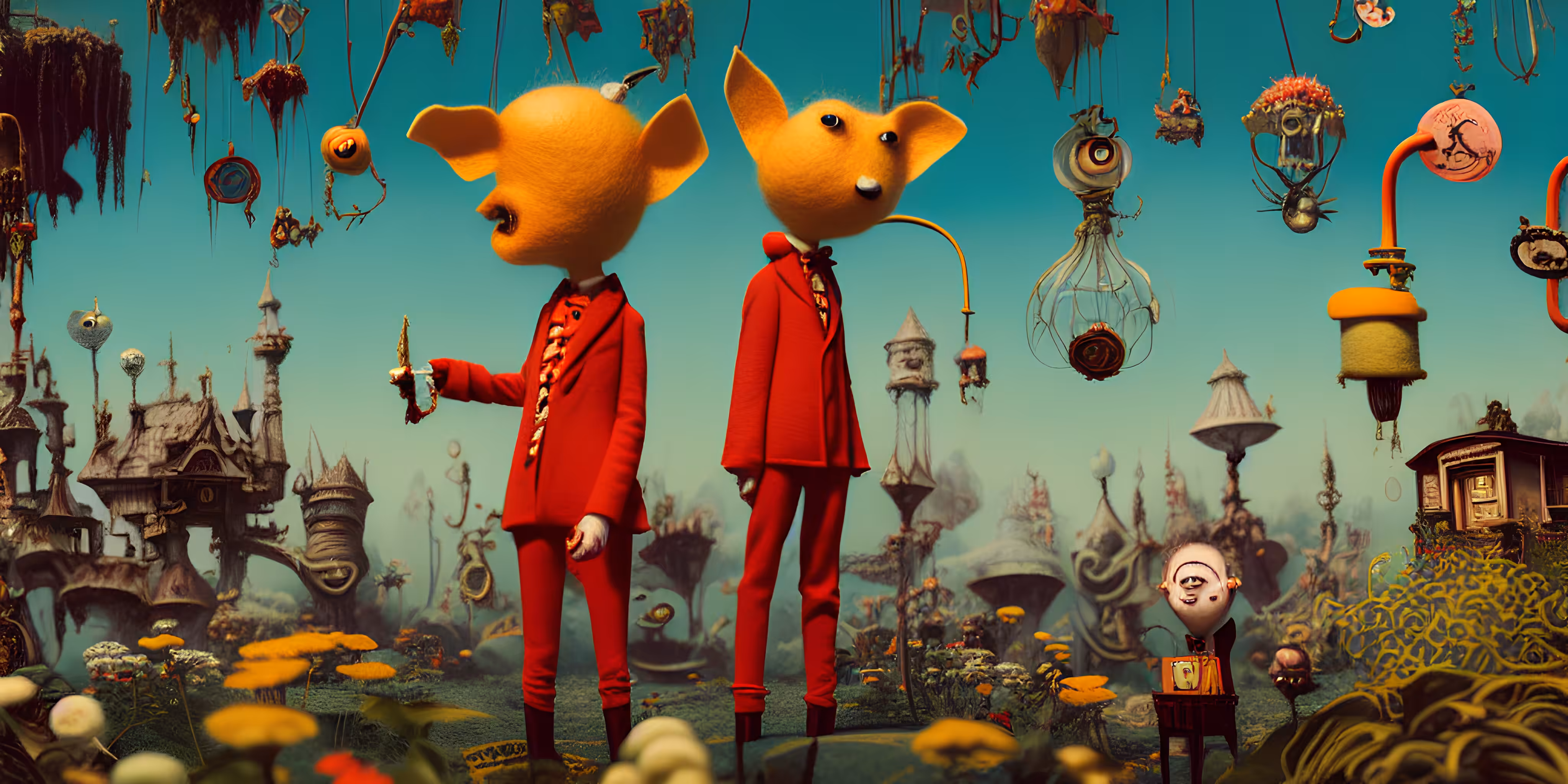 Wide-Ears dude in dapper red suits preparing for their journey