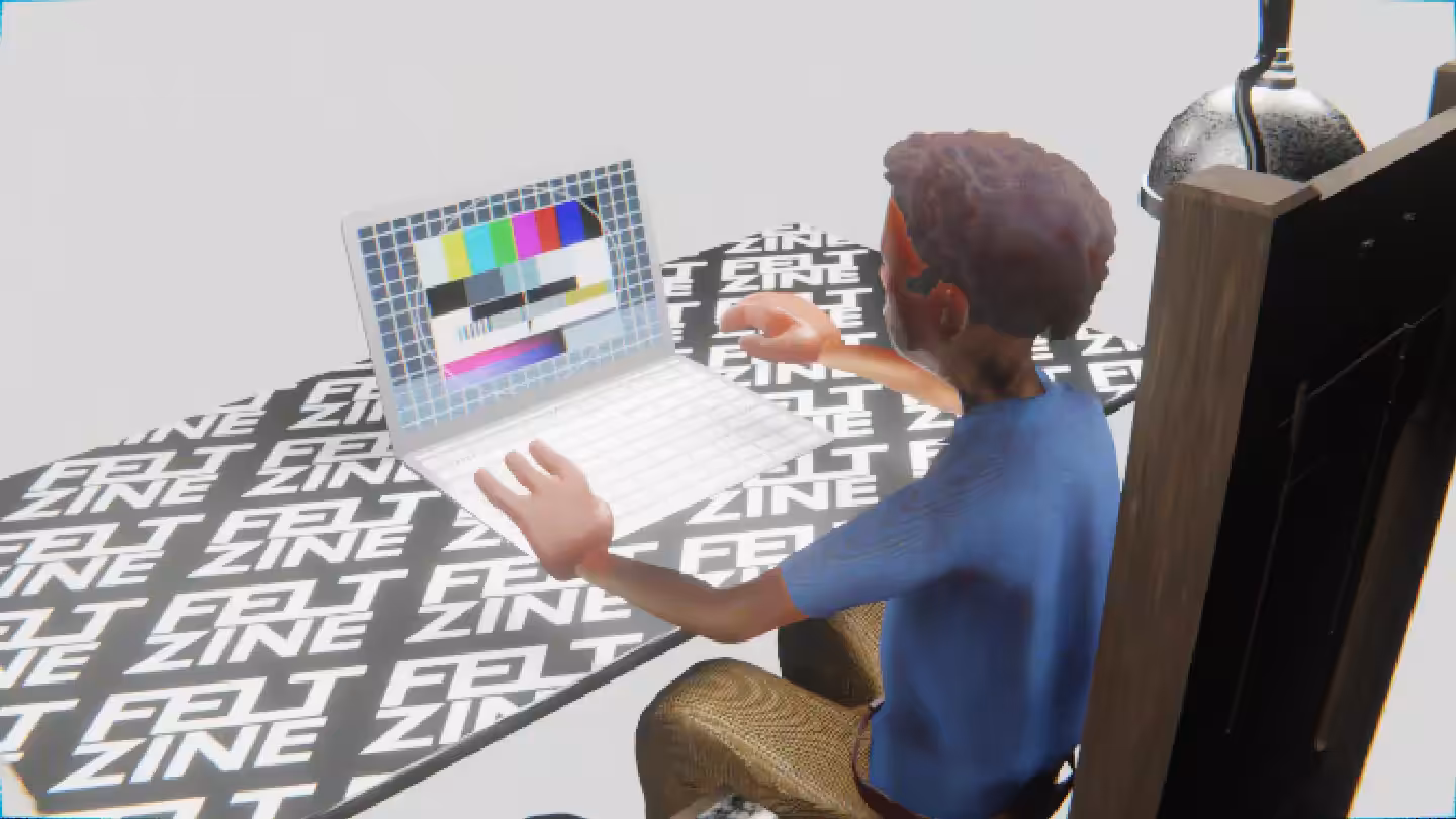 Desktop #58: The Developer in the Electric Chair With a Hanging Light and a Please Stand By Monitor on a Felt Zine Table in The Void