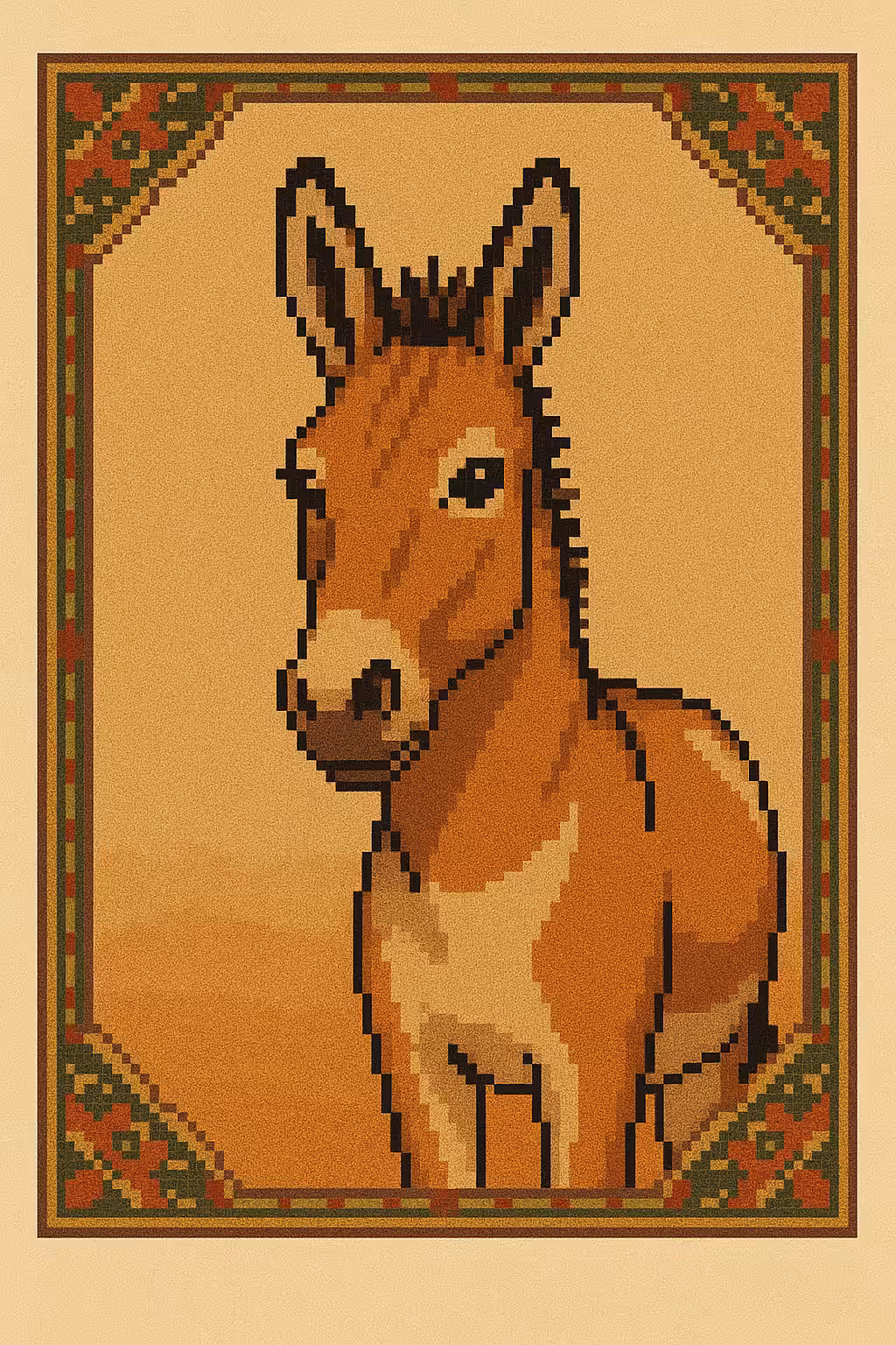 A rare Persian onager stands proud in warm desert hues, framed by tribal carpet motifs. A pixel tribute to resilience, rarity, and the spirit of Iran’s wild plains.