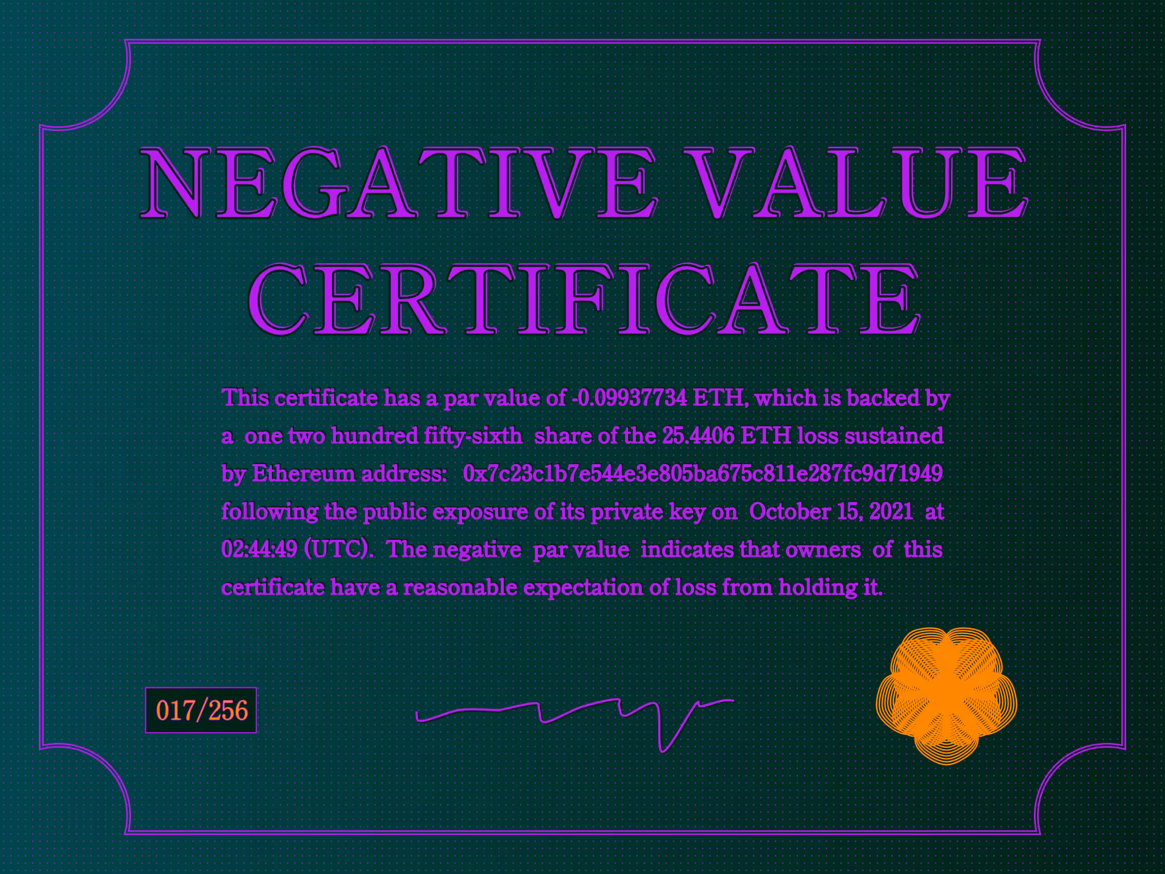 Negative Value Certificate #17 of 256