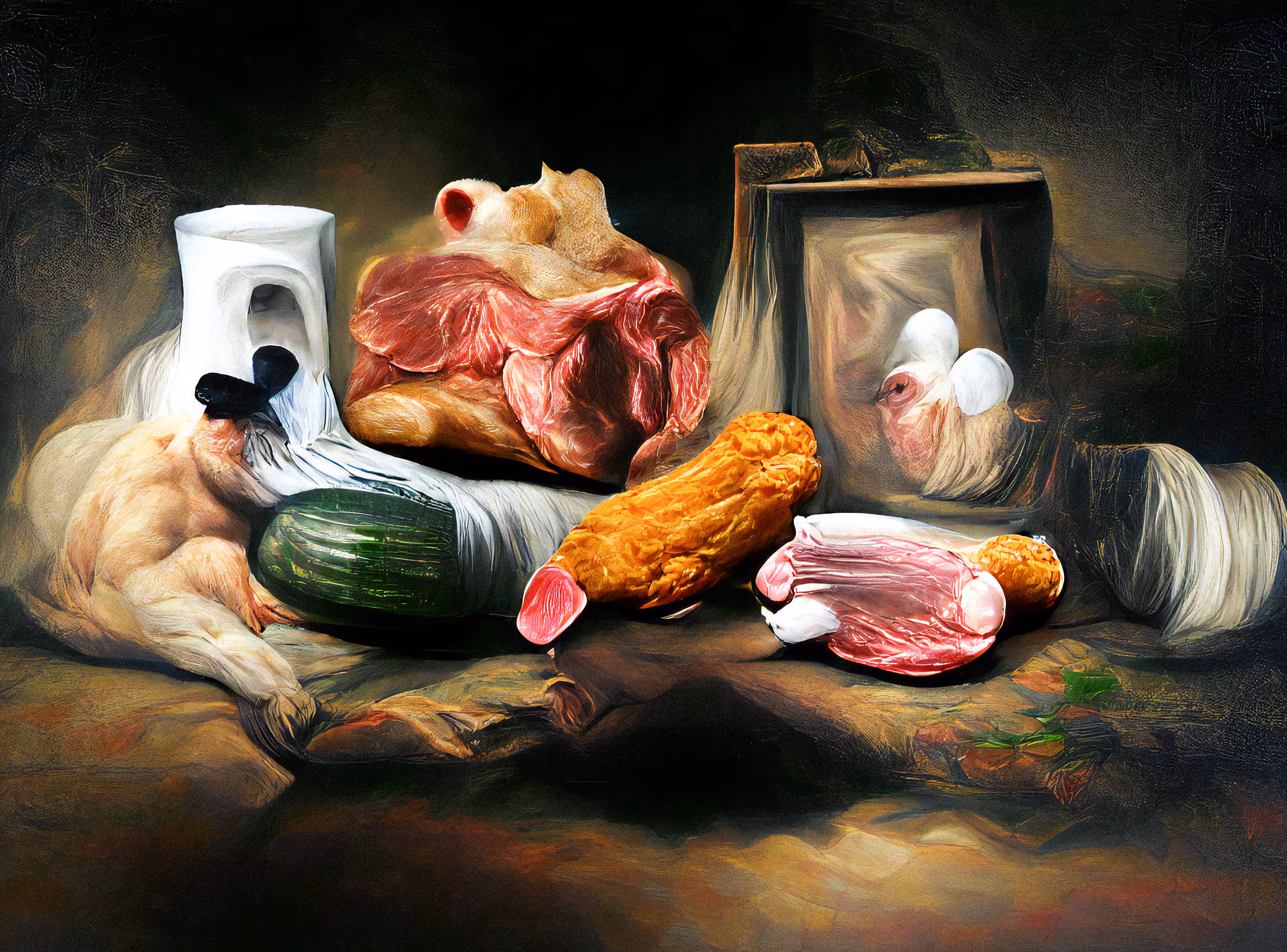 A still life of a fried chicken and fresh poultry