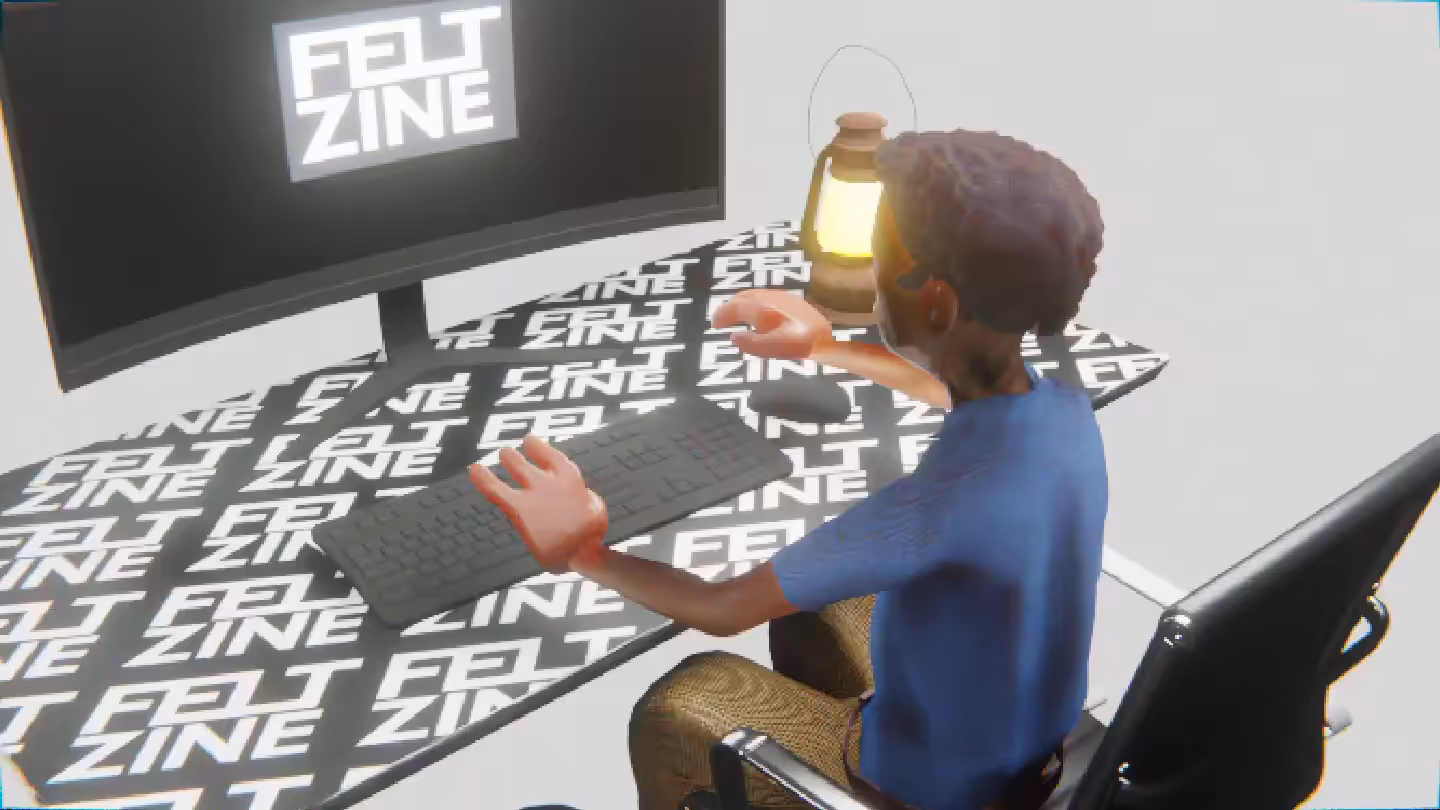 Desktop #90: The Developer in the Black Slim Chair With a Gas Lamp and a Old School Monitor on a Felt Zine Table in The Void