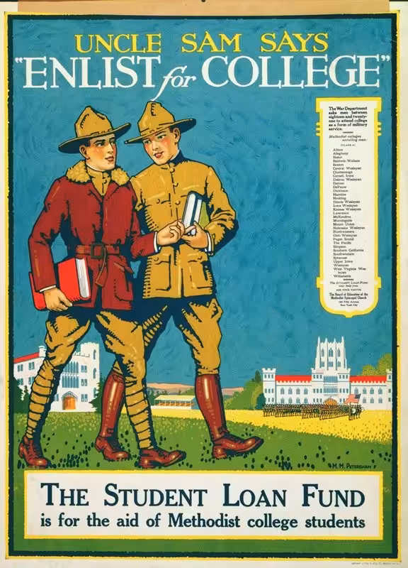 Uncle Sam says ‘Enlist for college’ The student loan fund is for the aid of Methodist college students 