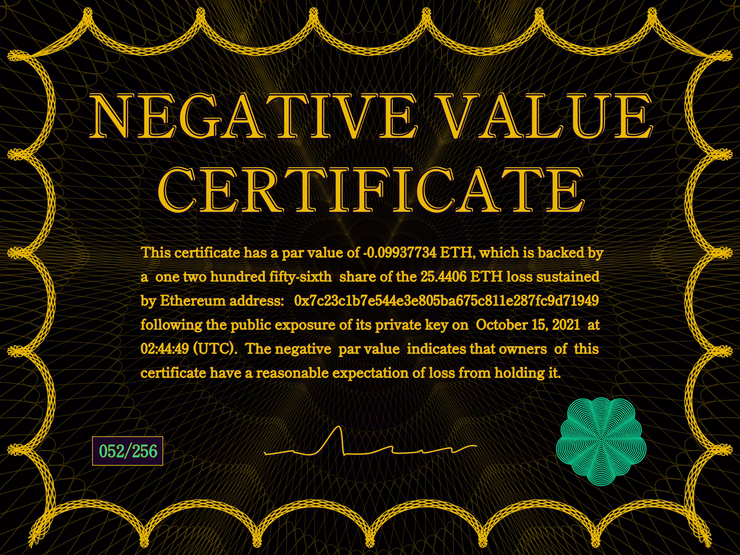 Negative Value Certificate #52 of 256
