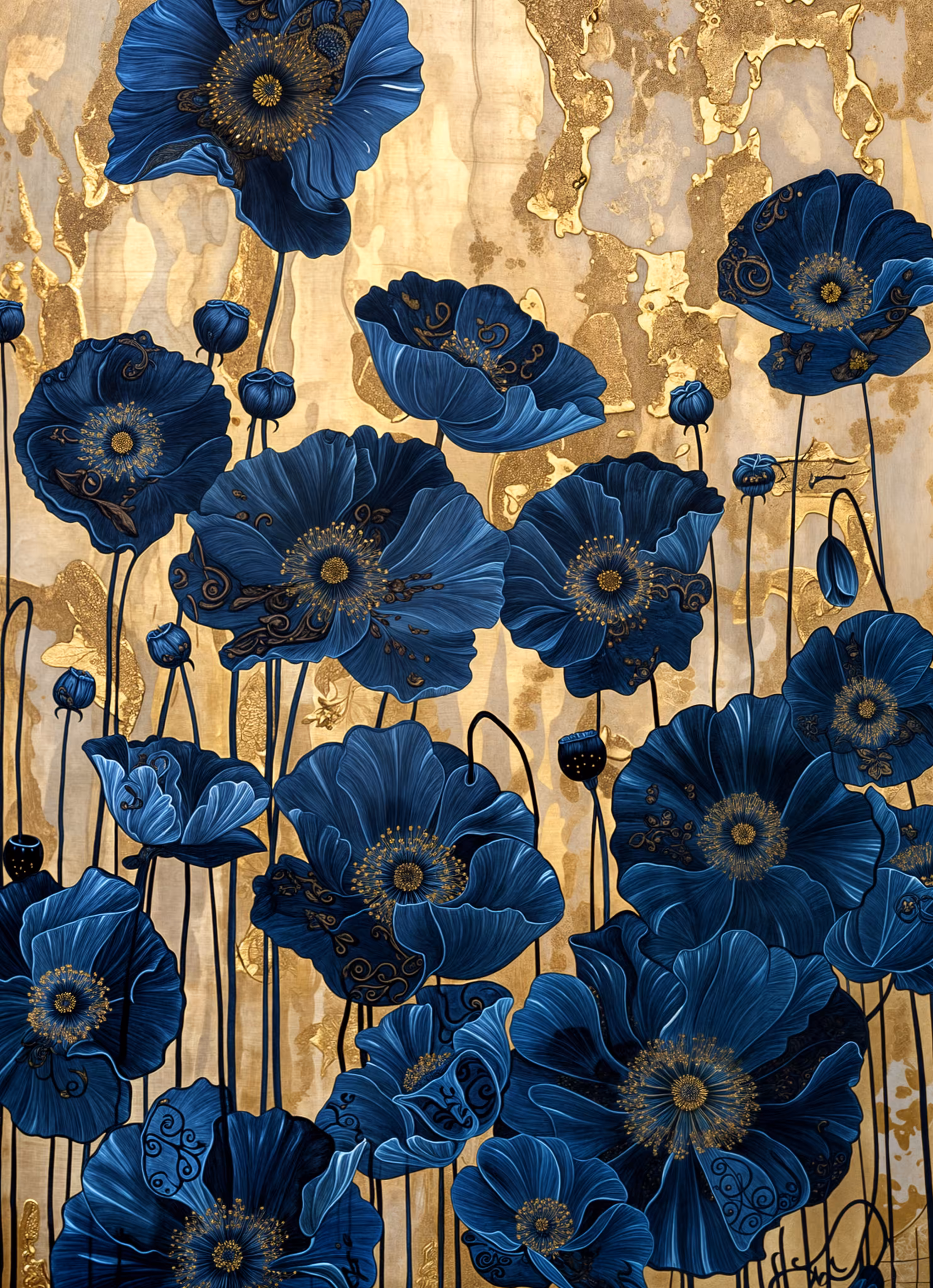 Blue Poppies on gold backdrop