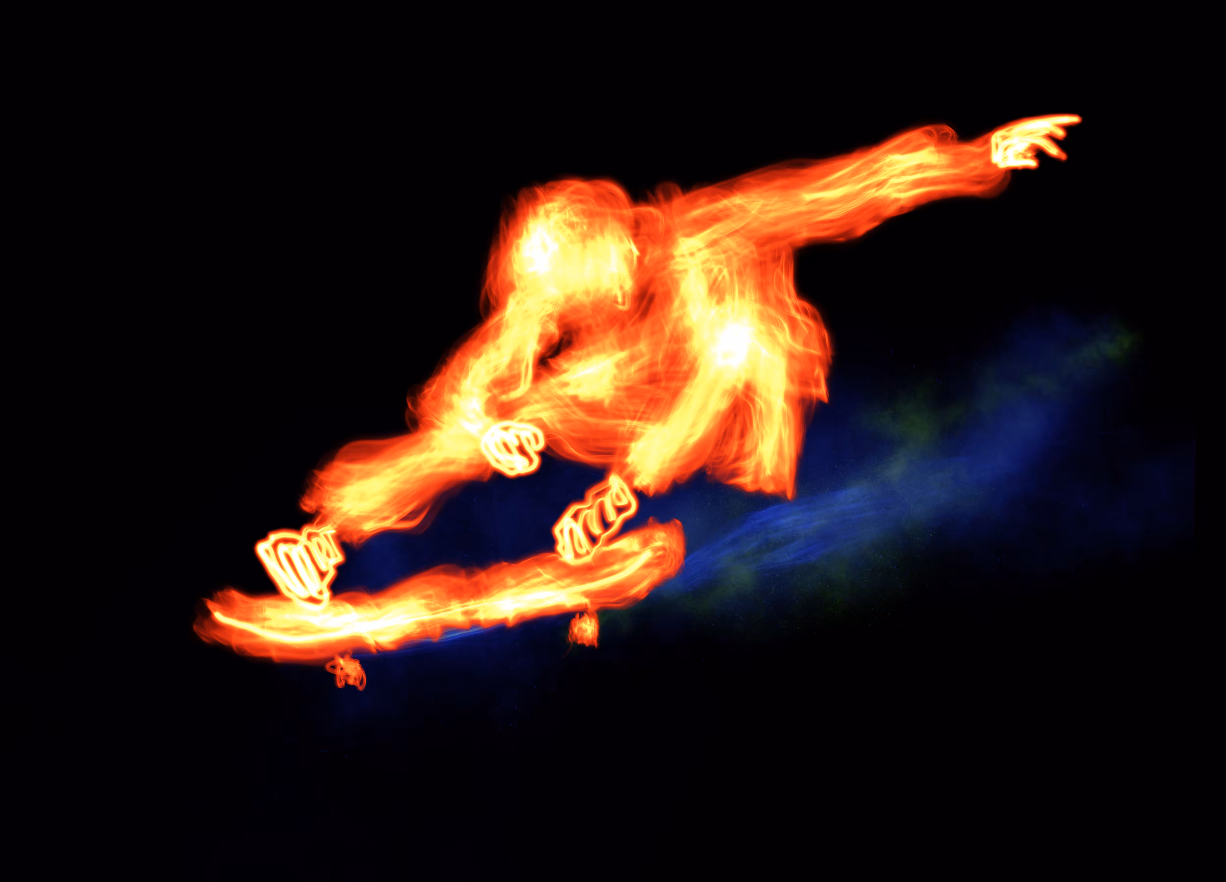 Burning skateboarder jumps in fire and smoke