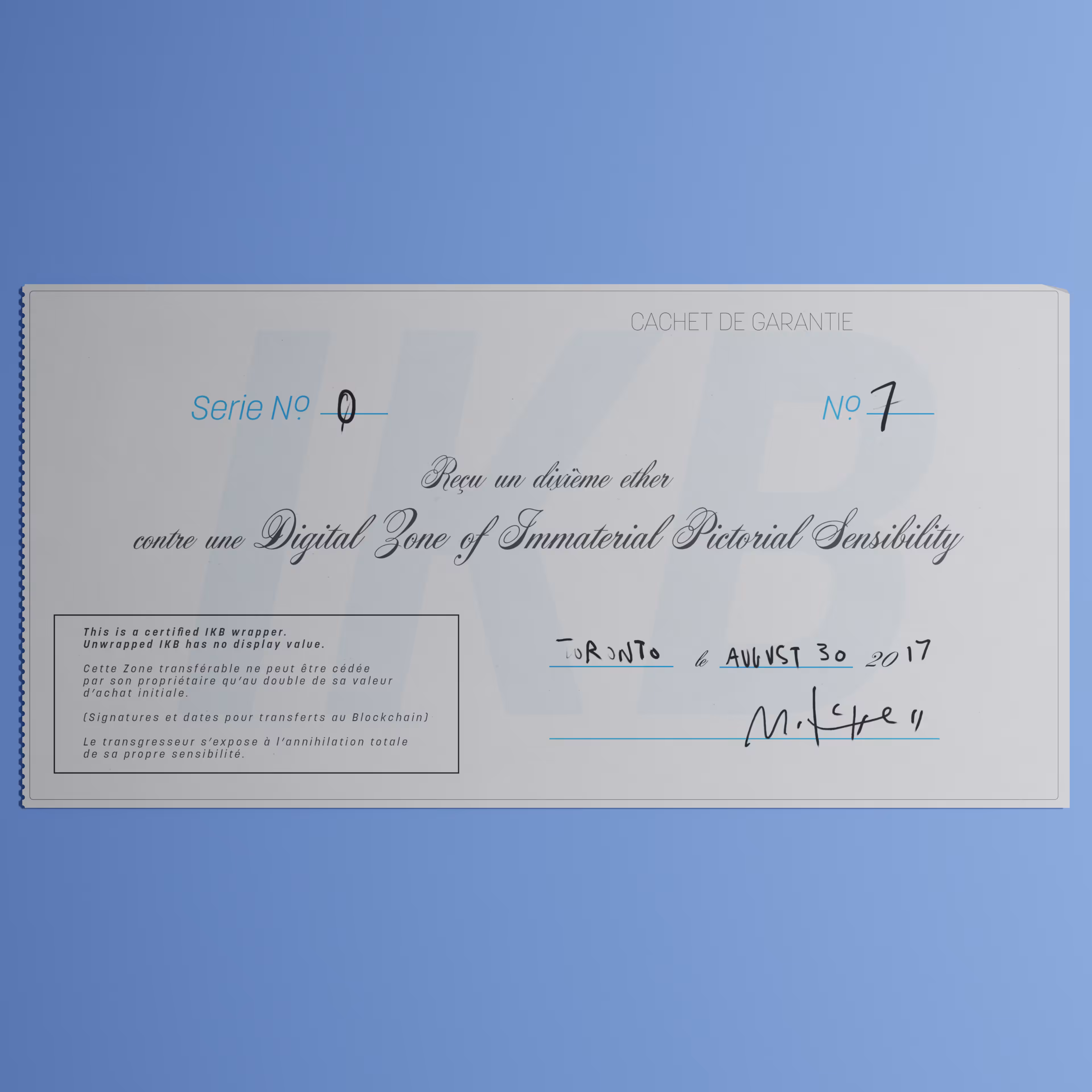 Digital Zone of Immaterial Pictorial Sensibility, Series 0, Edition 7. (Wrapped)