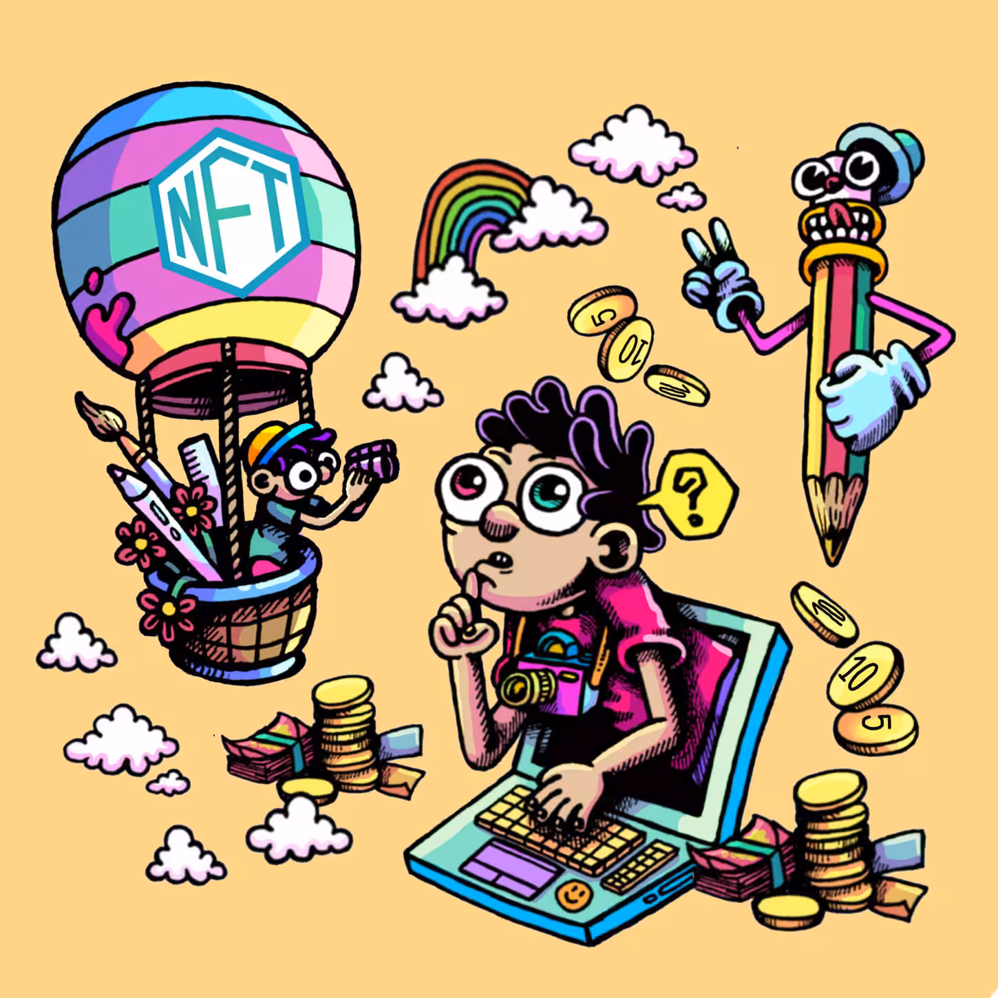 going out to nft with pencil boy and balloon