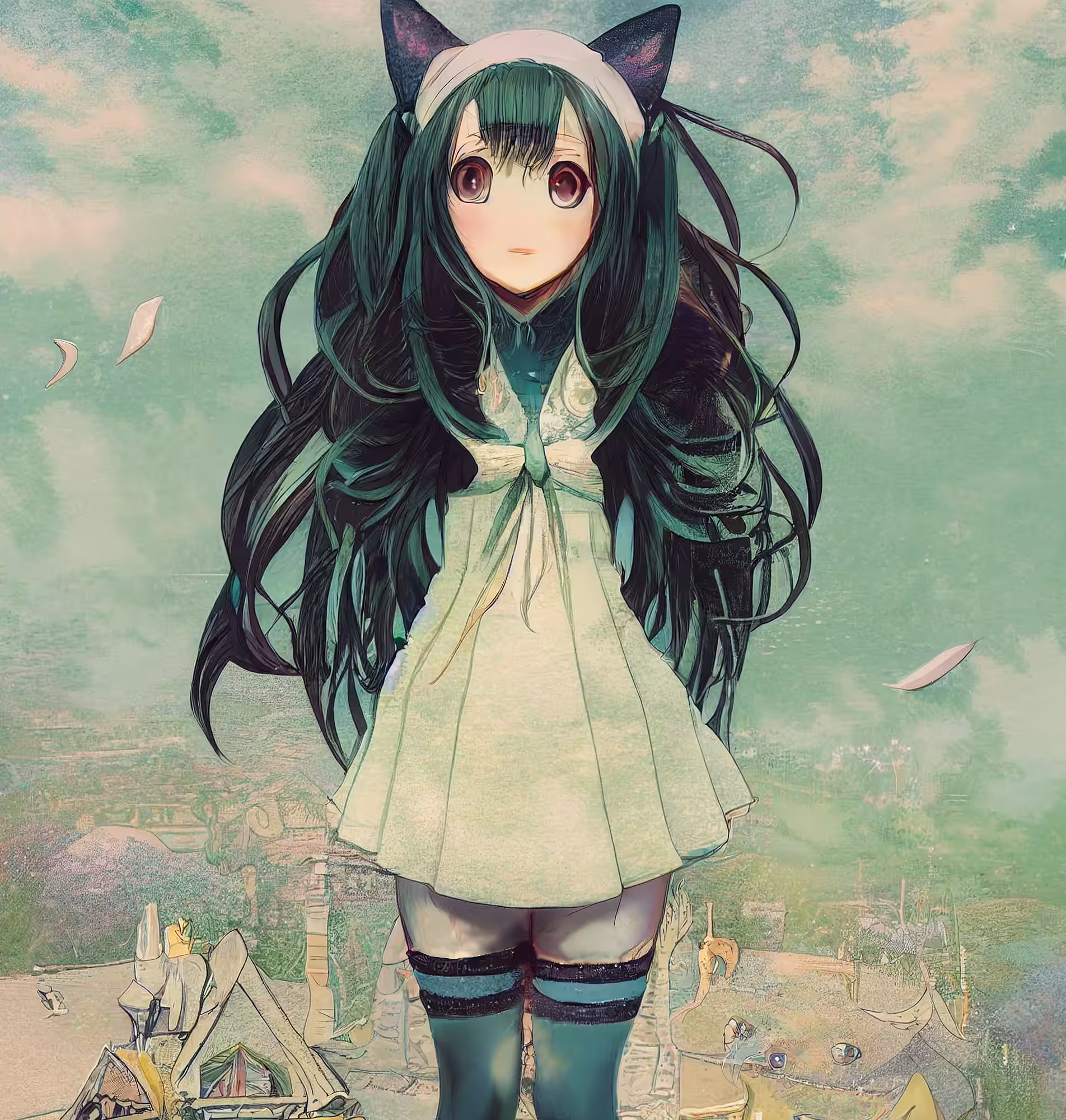 Anime catgirl green edition sketch