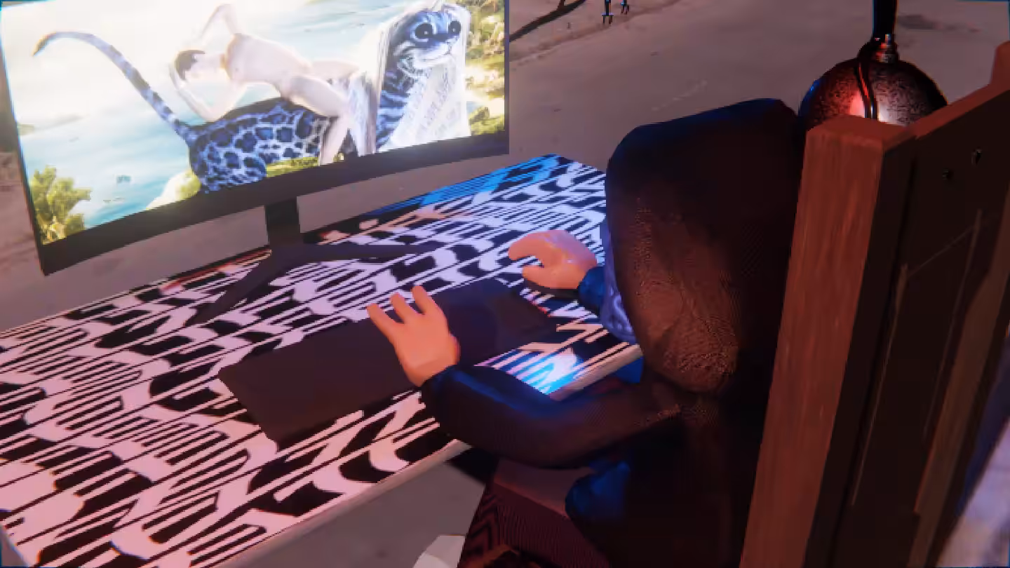 Desktop #122: The Hacker in the Electric Chair With a Drone and a Kitty Monitor on a Pattern Table in Conflict