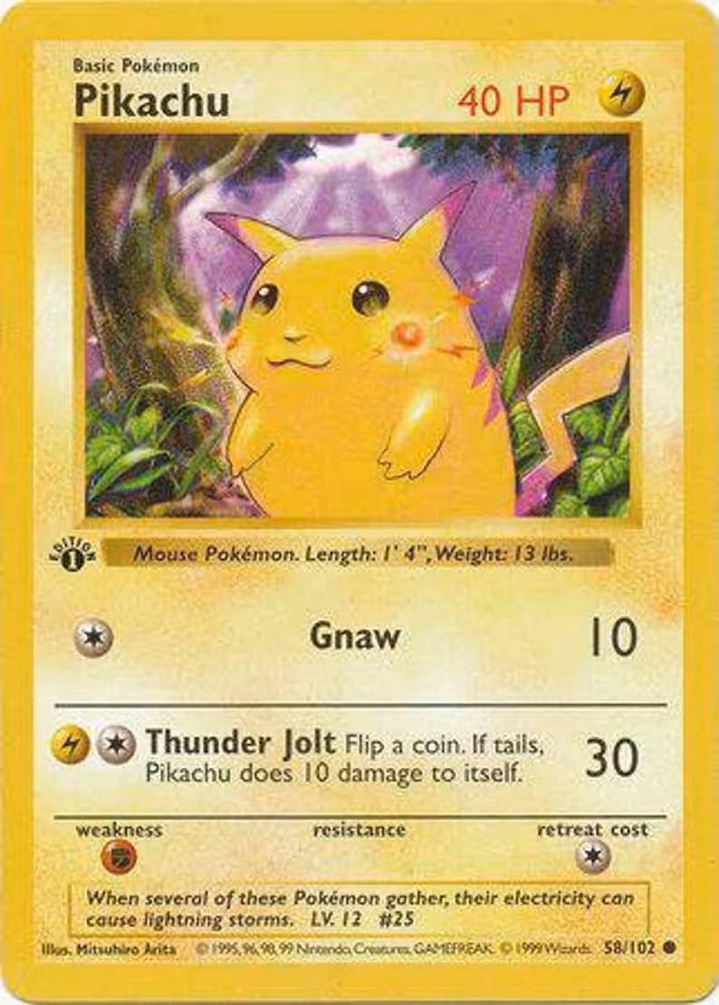1st Edition shadowless Pikachu Pokemon card