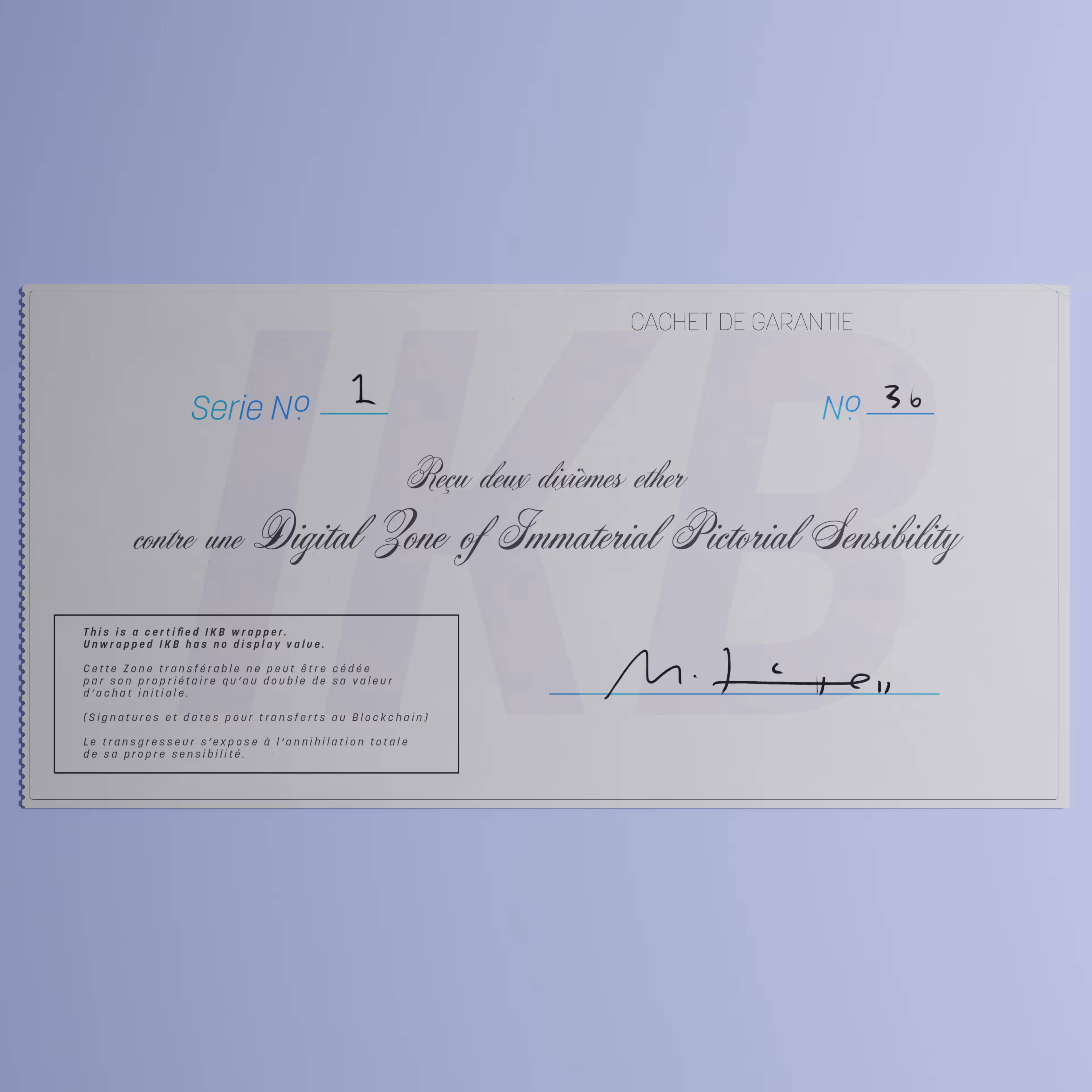 Digital Zone of Immaterial Pictorial Sensibility, Series 1, Edition 36. (Wrapped)