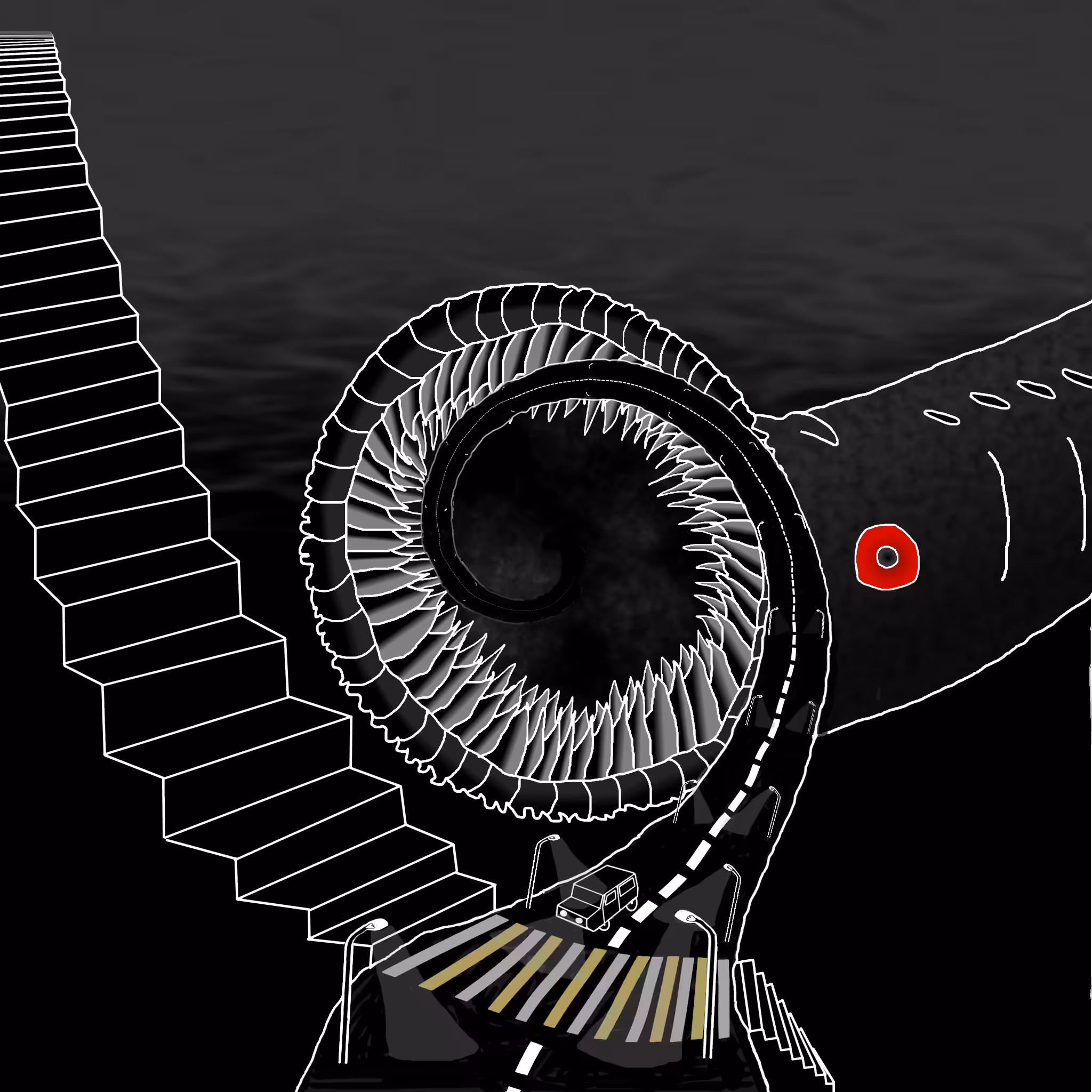 Road, car, stair, lamp and ray... What about the lamprey?