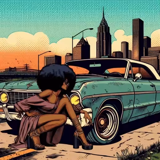 Black Model Girl And The Old Car