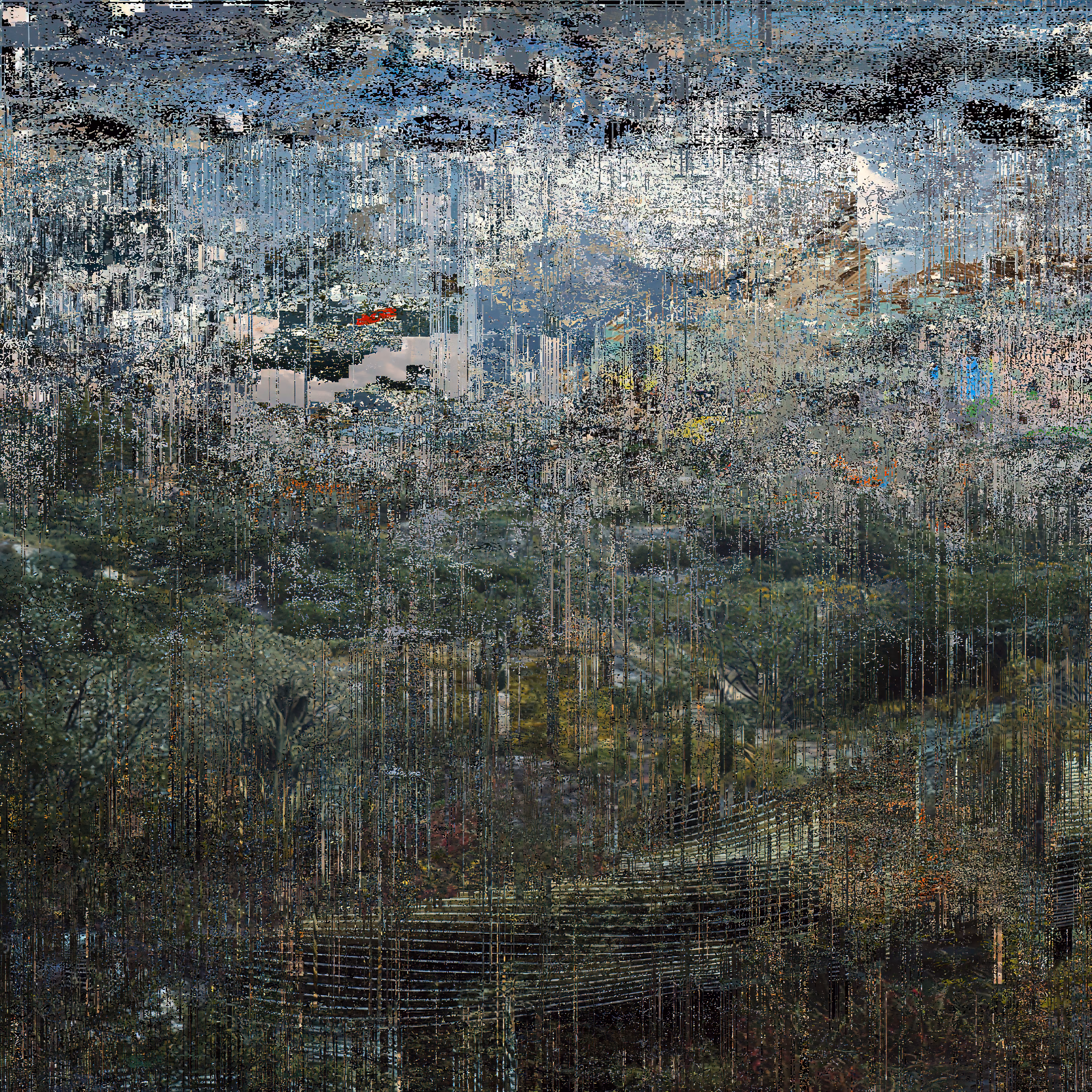 Green landscape with arboreal structures partially obscured by digital interference and image fragmentation